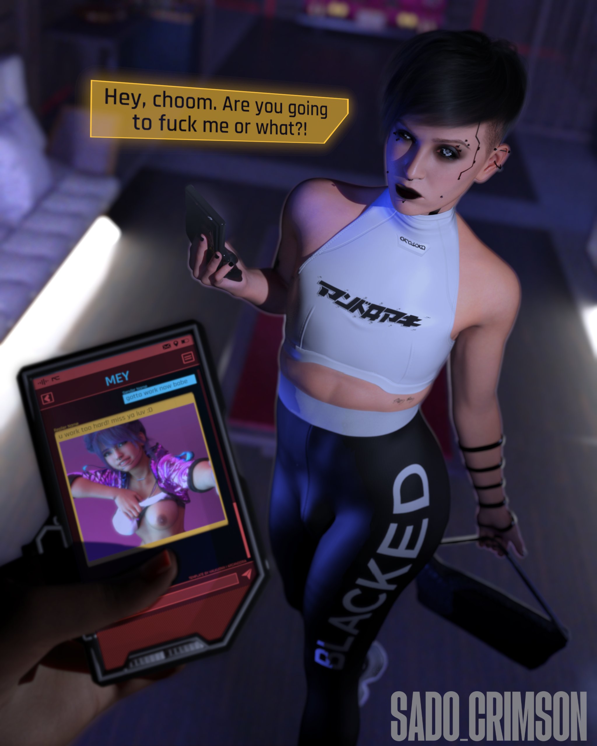 3d, bag, black hair, blacked, blacked clothing, breasts, bulge, cheating, crossdressing, cyberpunk (series), cyberpunk 2077, dialogue, female, femboy, gym uniform, leggings, mac (sadocrimson3d), makeup, male, message, pierced ears, pierced eyebrow, piercing, sadocrimson3d, short hair, showing breast, sissy, smartphone, sports bra, tank top, tattoo, text