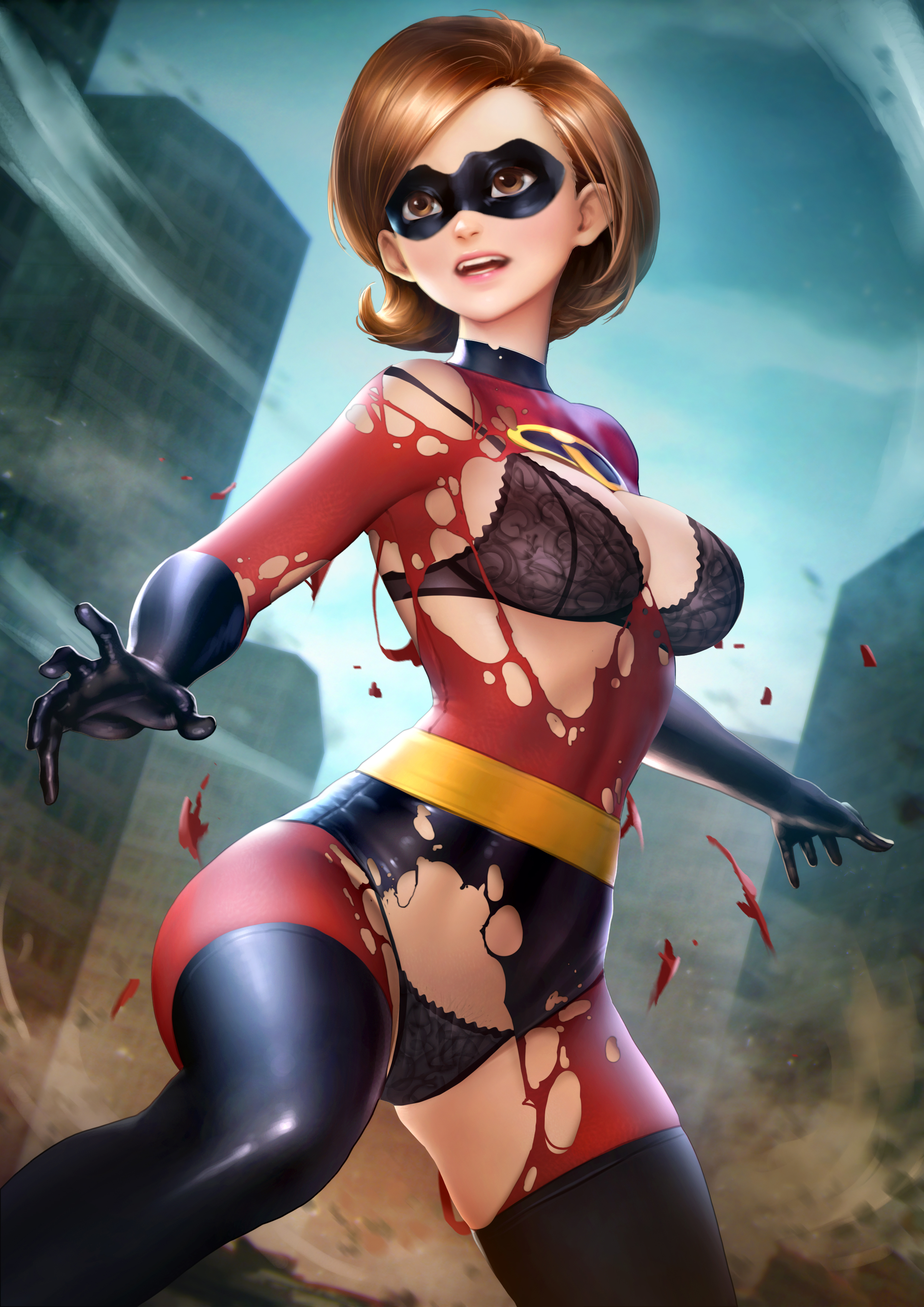 1girls, absurd res, alternate version available, armwear, black bra, black gloves, black panties, bra, breasts, brown eyes, brown hair, clothes, clothing, costume, disney, domino mask, elastigirl, eyewear, female, female only, footwear, g-string, gloves, handwear, helen parr, hi res, human, human only, large breasts, legwear, lingerie, mask, neoartcore, panties, pixar, ripped clothes, ripped clothing, smooth skin, solo, the incredibles, thick thighs, thighs, torn clothes, torn clothing, underwear