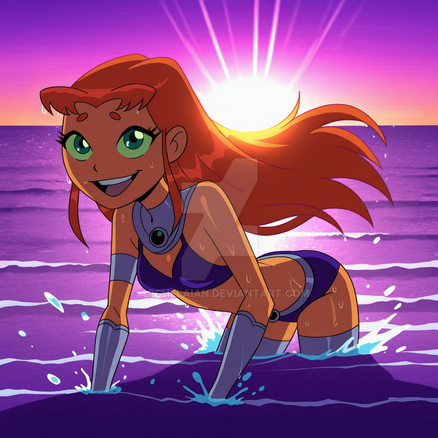 2025 archelaian bikini cartoon_network dc_comics dc_super_hero_girls meta purple_bikini starfire starfire_(teen_titans) sunbathing wet wet_body wetting