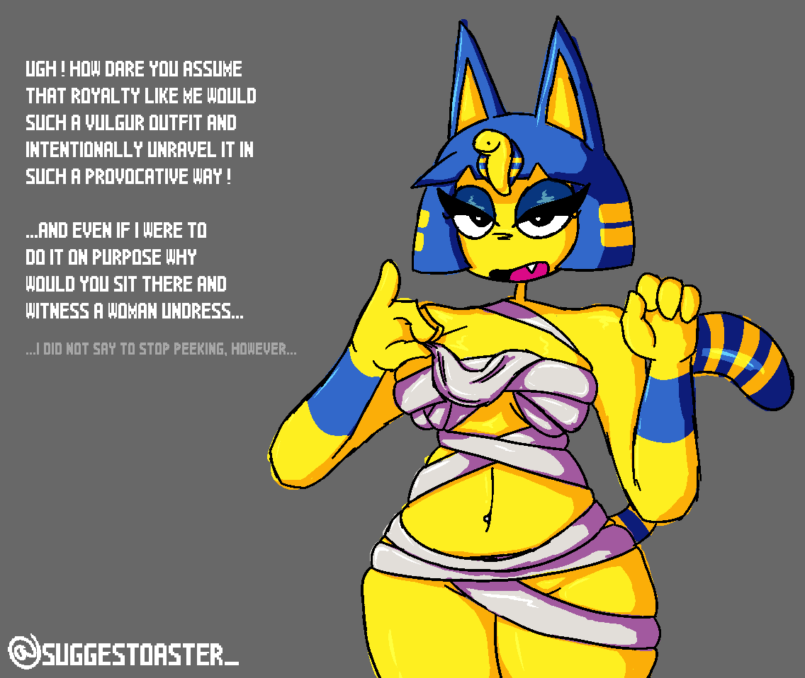 ankha ankha_(animal_crossing) ass bandage belly_piercing blue_hair breasts cat_ears cat_girl cat_tail catgirl egyptian feline furry furry_female furry_only half-dressed half_naked suggestoaster_ tagme text thick_thighs thighs yellow_fur