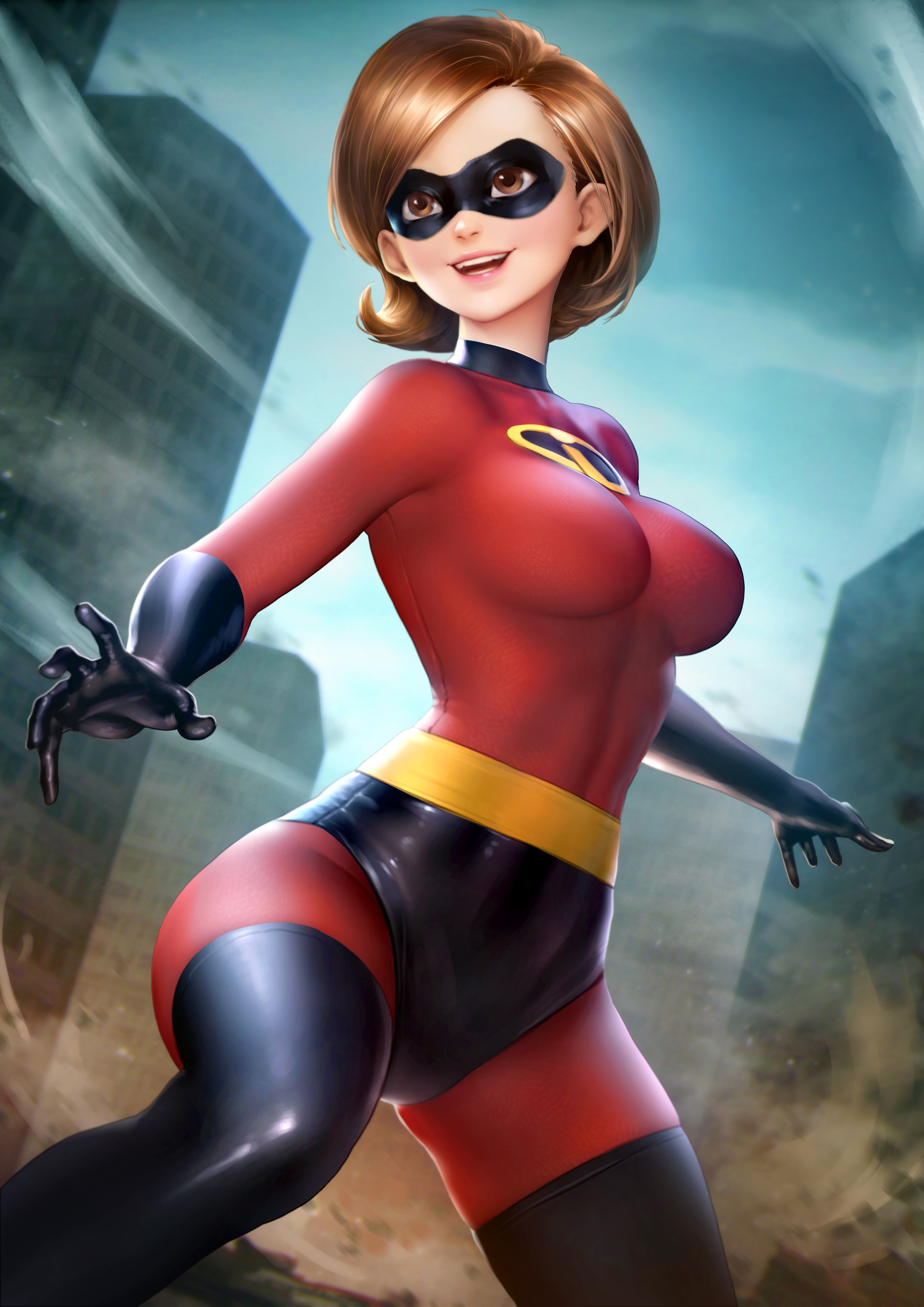 1girls, absurd res, alternate version available, armwear, black gloves, bodysuit, breasts, brown eyes, brown hair, clothed, clothed female, clothes, clothing, costume, disney, domino mask, elastigirl, eyewear, female, female only, footwear, fully clothed, gloves, handwear, helen parr, highres, human, human only, large breasts, legwear, mask, neoartcore, pixar, smile, smooth skin, solo, the incredibles, uniform