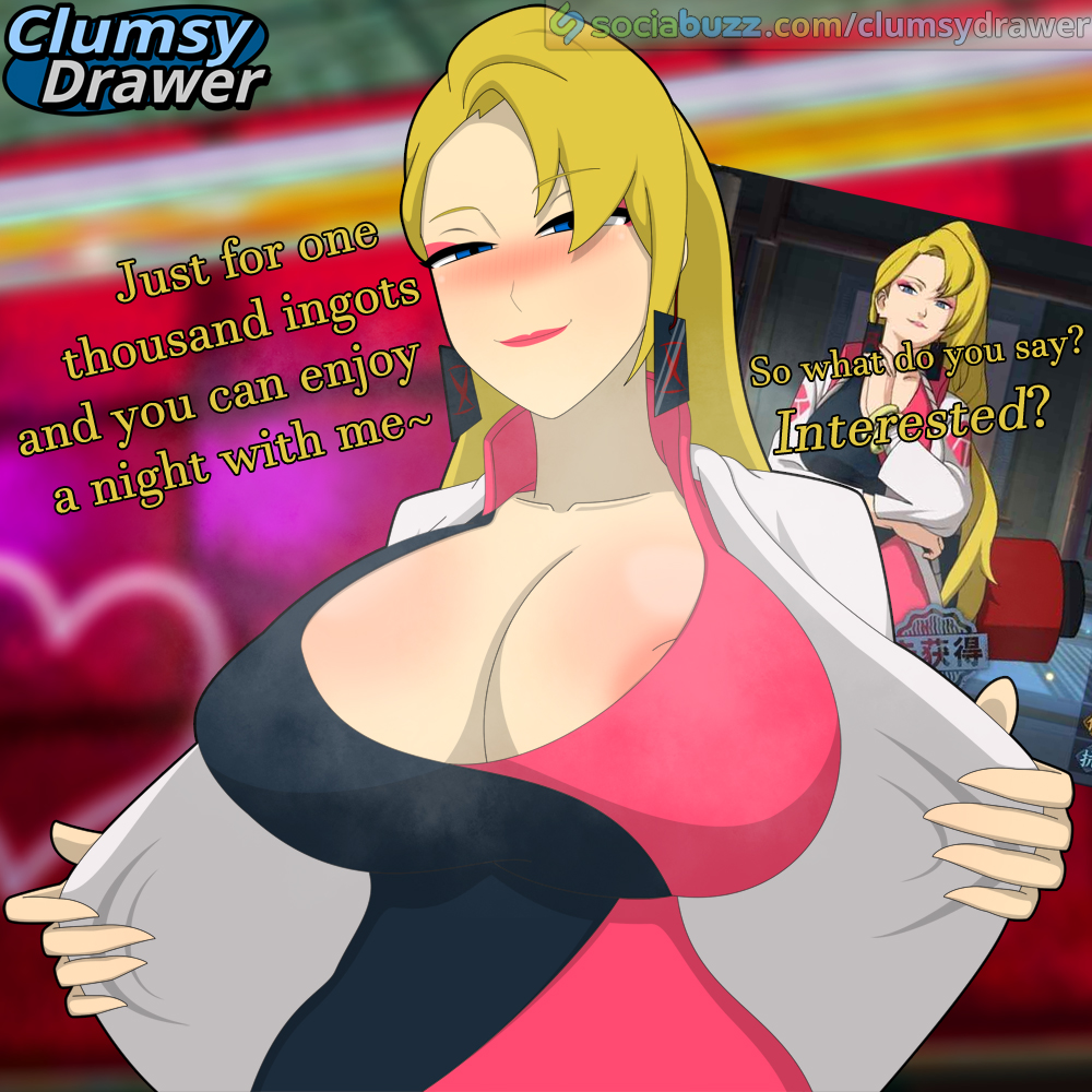 1girls alluring artist_logo blonde_hair blue_eyes blurry_background blush blushing_at_viewer breasts breeze_dancer clumsydrawer dialogue english english_dialogue english_text eyeshadow heart indoors inviting large_breasts lipstick looking_at_viewer naruto naruto_online nipple nipple_slip opening_jacket pink_eyeshadow pink_lipstick pink_nipples presenting_self self_upload solo solo_female solo_focus text url