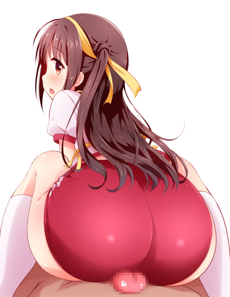 1boy ass blush brown_eyes brown_hair buruma buttjob censored clothed_female_nude_male commentary_request cowgirl_position erection female flat_chest from_behind grinding gym_uniform hairband huge_ass idolmaster idolmaster_cinderella_girls kneehighs knees_up long_hair looking_back mikan-ya mosaic_censoring narrow_waist nude open_mouth penis pov ribbon shimamura_uzuki shirt simple_background sitting sitting_on_person white_background white_legwear white_shirt wide_hips