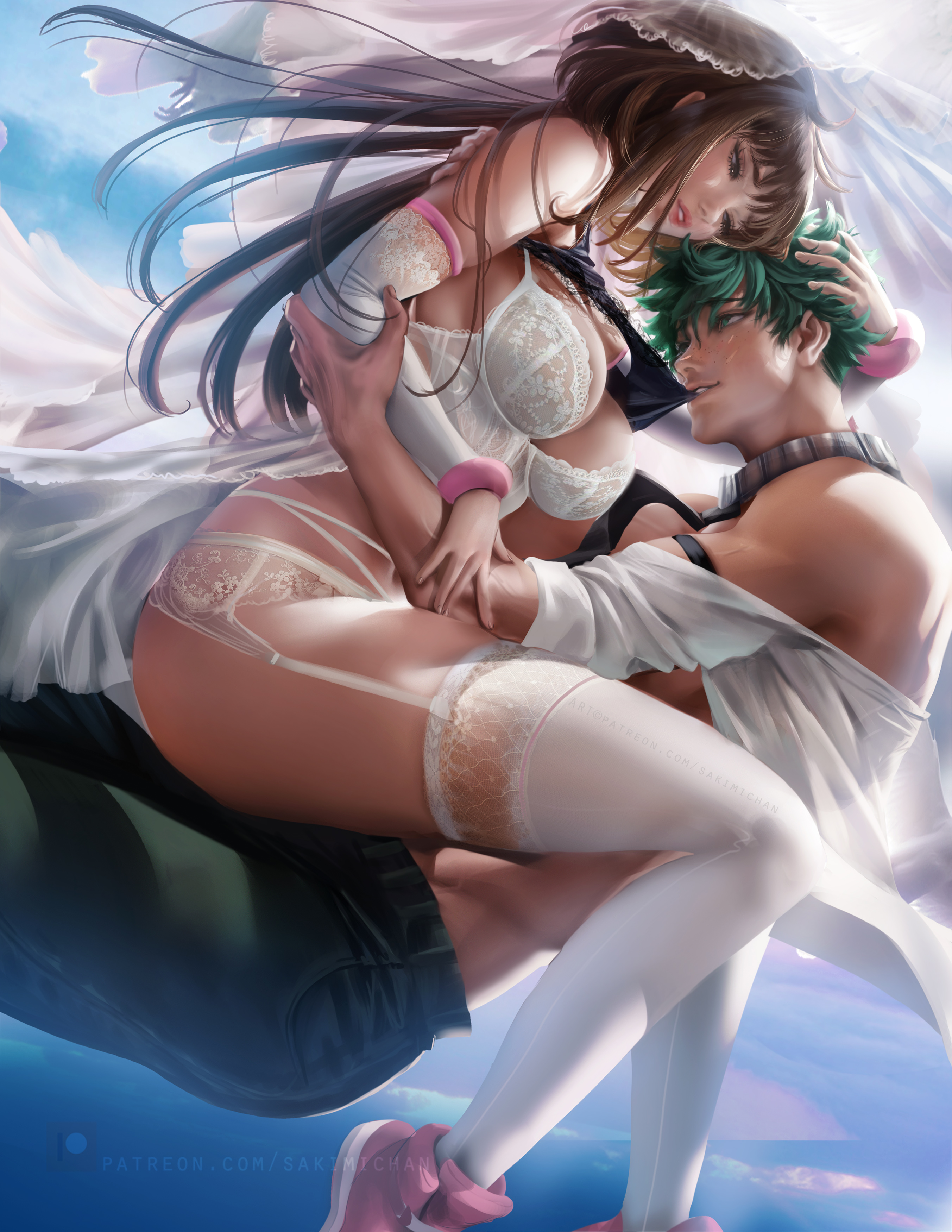 1boy, 1girls, biting clothes, brown hair, brown-haired female, female, flying, green hair, green-haired male, izuku midoriya, levitation, lingerie, male, muscular, my hero academia, ochako uraraka, sakimichan, underwear, wedding dress, wedding veil