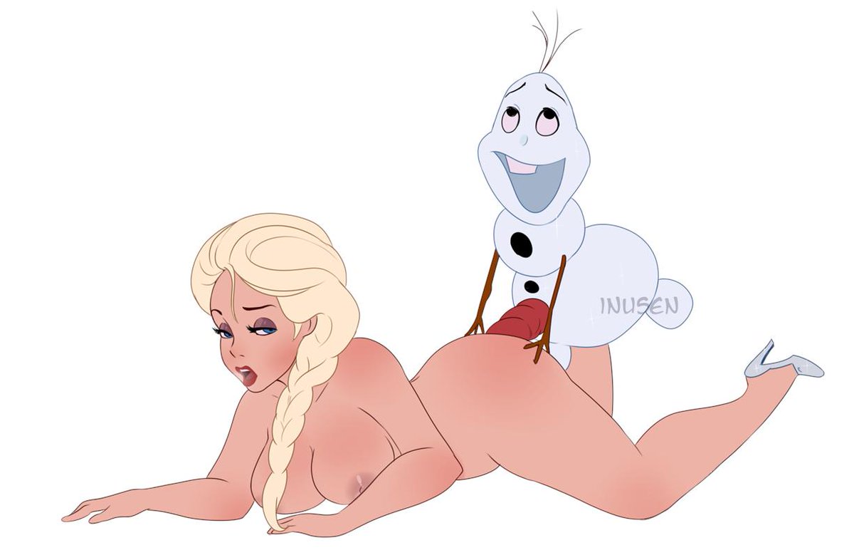 1girls breasts busty carrot_dildo cleavage disney elsa_(frozen) eyeshadow flat_colors frozen_(film) inusen lipstick makeup nipples olaf_(frozen) simple_background snowman soft_color voluptuous white_background