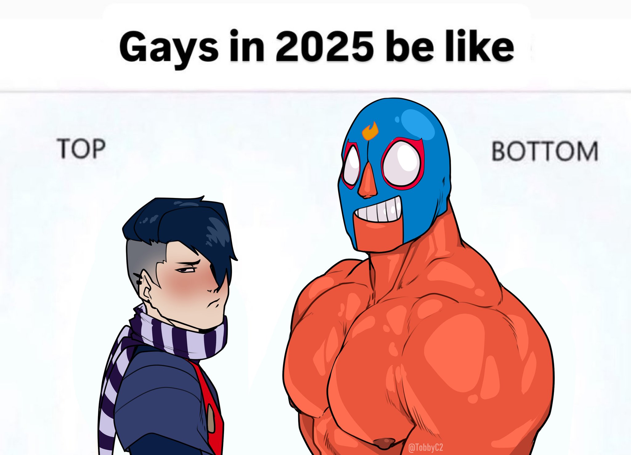 bara, big pecs, brawl stars, edgar (brawl stars), el primo (brawl stars), gay, gays in 2025 be like, latino, male, male only, mask, masked, masked male, meme, muscular, muscular male, nipples, size difference, small dom big sub, tan skin, tobbyc2