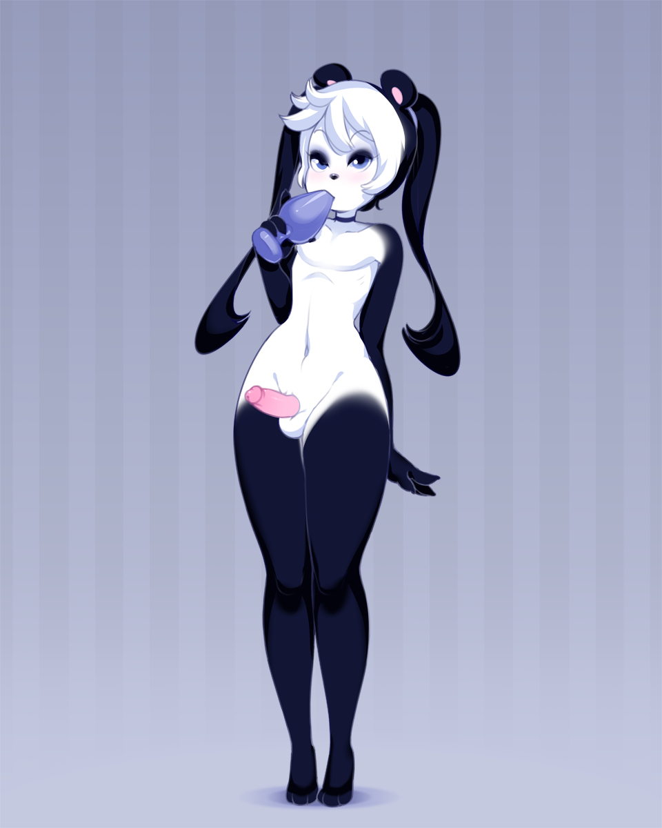 4:5 abstrack_background anthro balls bear black_body black_fur black_hair blue_eyes buttplug buttplug_in_mouth choker erection femboy fur furry genitals giant_panda gloves_(marking) hair hi_res humanoid_genitalia humanoid_penis jewelry leg_markings male mammal markings miu navel necklace nude oral oral_penetration penetration penis plug_(sex_toy) quinn_(miu) seductive sex_toy sex_toy_in_mouth sex_toy_insertion small_waist socks_(marking) solo standing twintails white_body white_fur white_hair