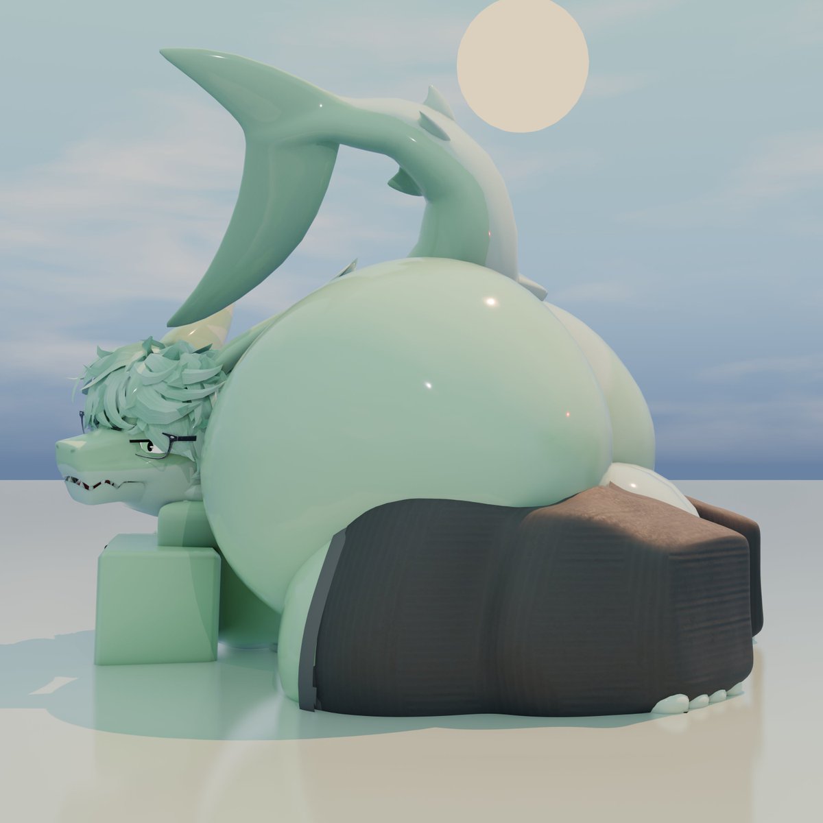 1boy 1boys 3d big_ass big_butt black_legwear black_thighhighs bubble_butt chubbydreg femboy furry glasses green_body green_ears green_hair green_skin legwear roblox robloxian shark shark_tail sharp_teeth solo tail thighhighs