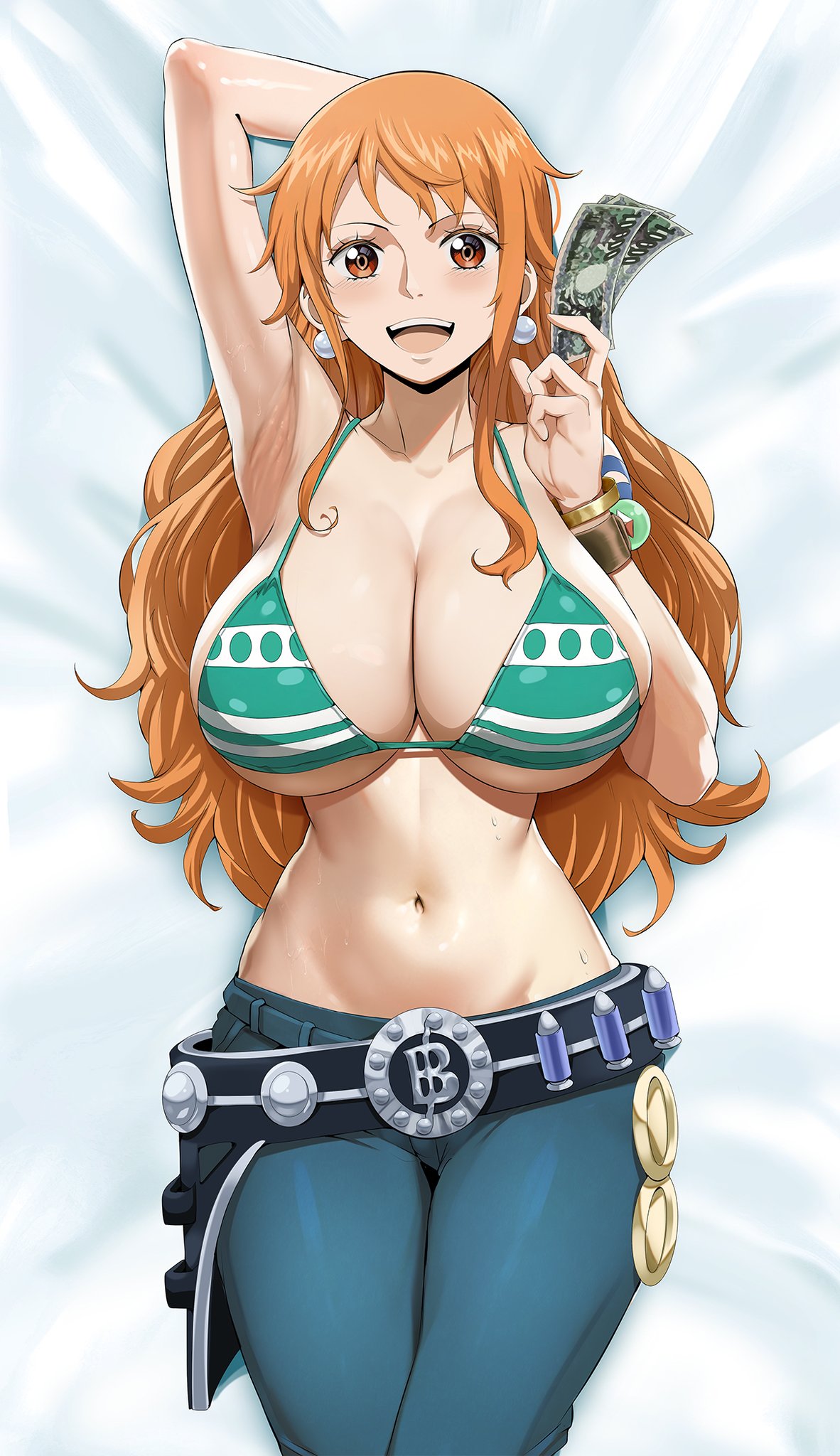 arm_up bracelet brown_eyes clothing dakimakura_(medium) earrings female female_only highres holding holding_money jewelry log_pose looking_at_viewer lying money nami_(one_piece) navel nipples on_back one_piece orange_hair pearl_earrings pussy shoulder_tattoo smile solo stomach t3x tattoo uncensored