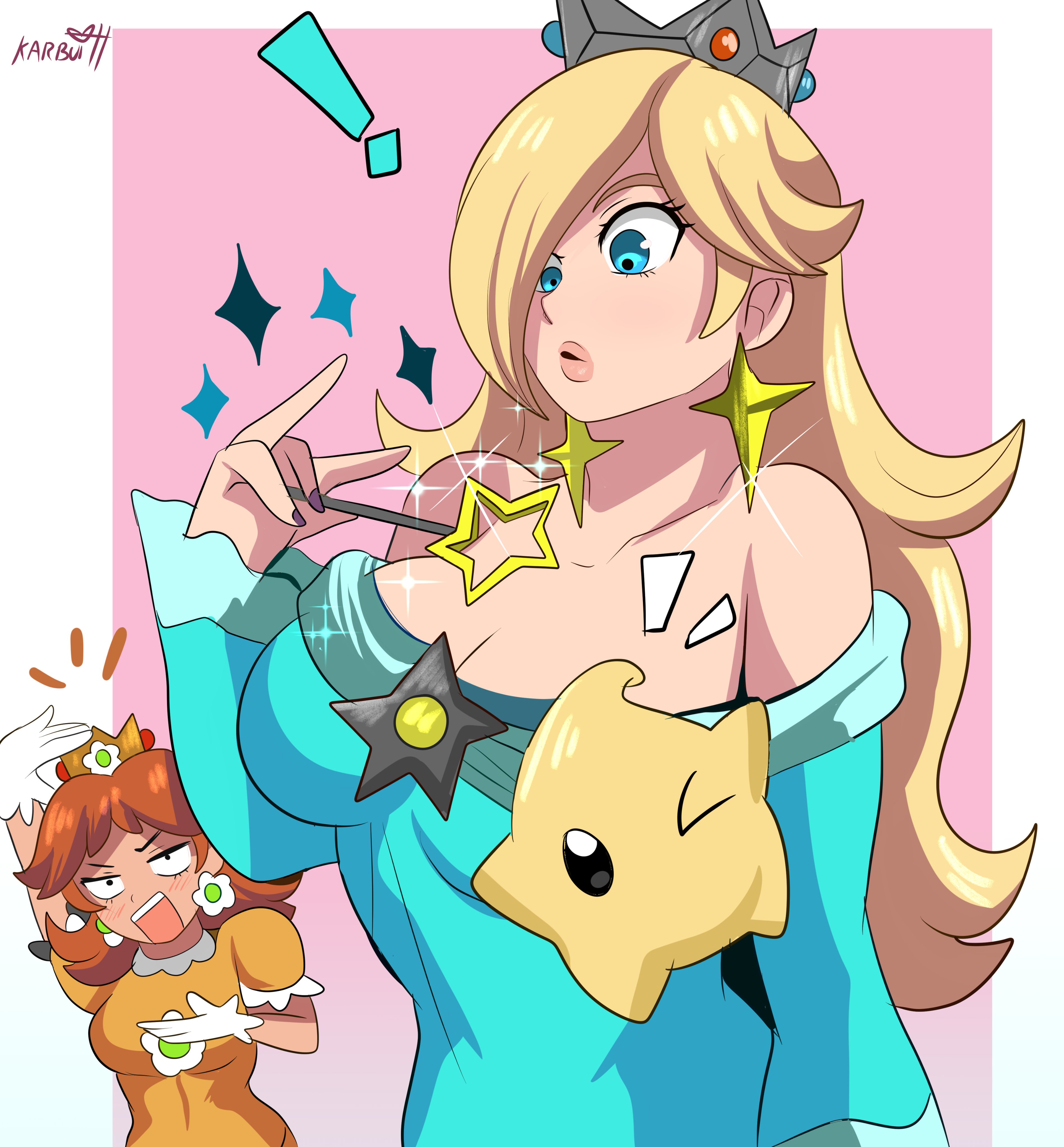 !, 2girls, blonde hair, blue dress, blue eyes, blush, breasts, brown hair, cleavage, crown, dress, earrings, female, flower earrings, gloves, karbuitt, large breasts, long hair, luma, mario (series), nintendo, open mouth, orange dress, princess daisy, princess rosalina, purple nails, short hair, super mario galaxy, wand, white border, white gloves
