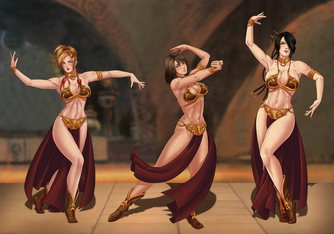 3girls amenoosa belly_dancer belly_dancer_outfit black_hair blonde_hair boots braided_hair brown_hair cleavage crossover_cosplay femsub final_fantasy final_fantasy_x hair_over_one_eye harem harem_girl harem_outfit huge_breasts jabba's_palace large_breasts loincloth lulu_(final_fantasy) rikku slave slave_bikini slave_collar slave_leia_(cosplay) slave_outfit slavegirl star_wars submissive_female voluptuous yuna