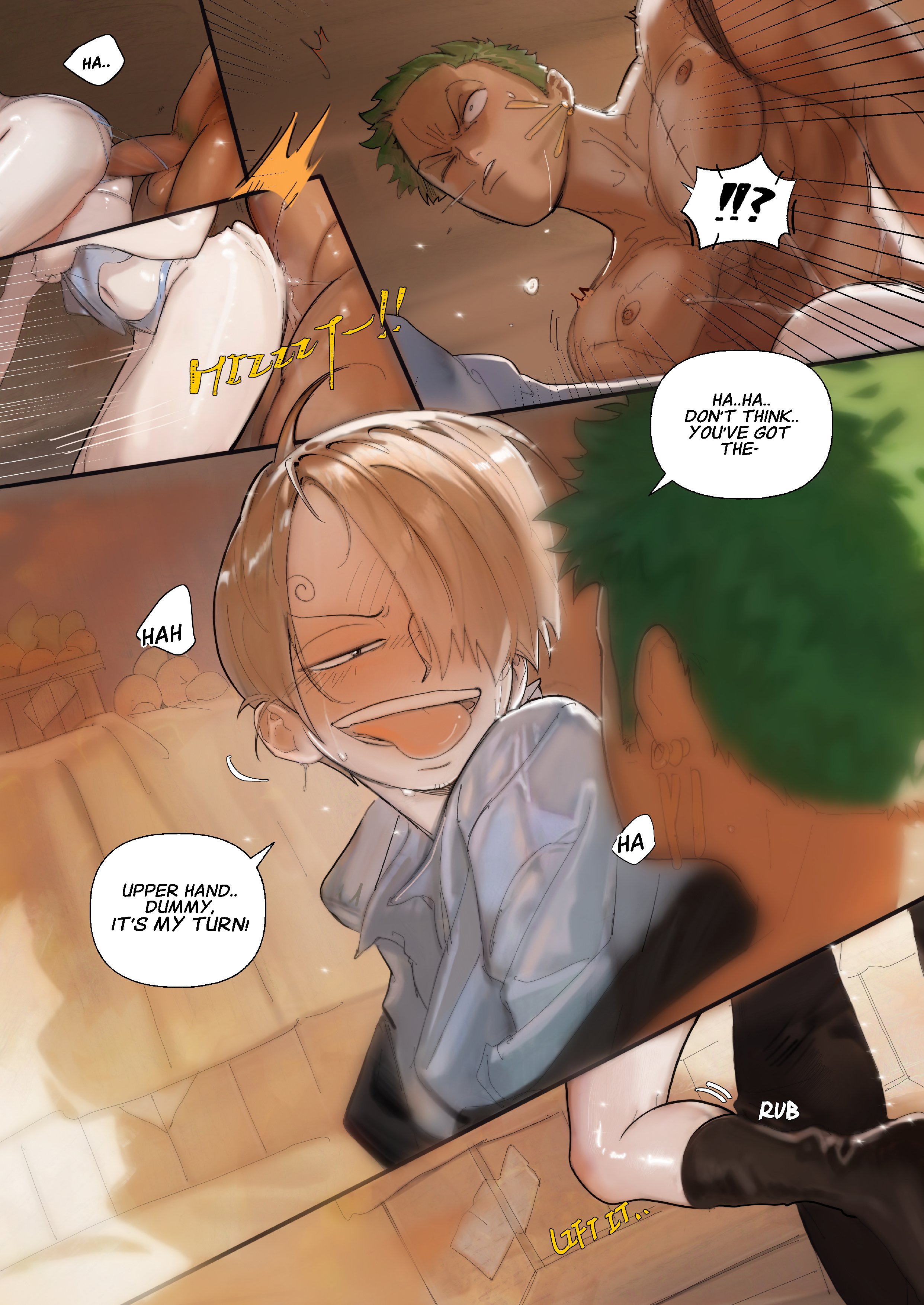 2boys, anal, anal sex, ass, big ass, blonde hair, blush, boat interior, comic, dark skin, dark-skinned male, detailed background, dialogue, earrings, english text, from behind, gay, green hair, hair over one eye, interracial, light skin, light-skinned male, looking at another, looking back, male, male only, male/male, olu1132, one piece, open mouth, pale skin, penis, pre-timeskip, roronoa zoro, scar, shiny skin, ship interior, smile, socks, suit, surprised, tan skin, thick thighs, tongue, tongue out, topless, topless male, uncensored, underwear, vinsmoke sanji, yaoi