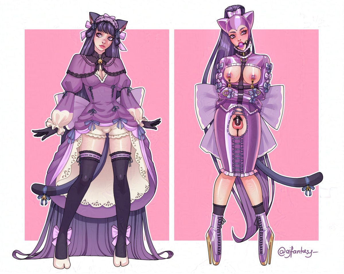 1futa, ajfantasy, ballet boots, ballet heels, before and after, bondage, bound, cat tail, chastity cage, chastity device, collar, futa only, futanari, gag, gagged, gloves, high heels, hobble dress, latex, latex clothing, nipple clamps, purple clothing, purple eyes, rubber, rubber clothing, shiny clothes, solo, solo futa, stockings, straitjacket, thighhighs, very high heels