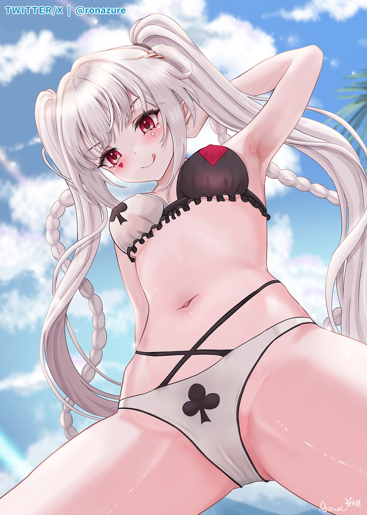 1girls, 2d, 2d (artwork), alternate costume, bikini, bikini bottom, bikini top, clouds, day, female, female focus, female only, front view, honkai (series), honkai: star rail, light skin, light-skinned female, long hair, looking at viewer, looking down, looking down at viewer, low-angle view, mihoyo, mihoyo technology (shanghai) co. ltd., outdoors, sky, slim girl, smiling, smiling at viewer, solo, solo female, sparxie (honkai: star rail), standing, swimsuit, thong, thong bikini, two piece swimsuit, white bikini bottom, white hair, young, younger female