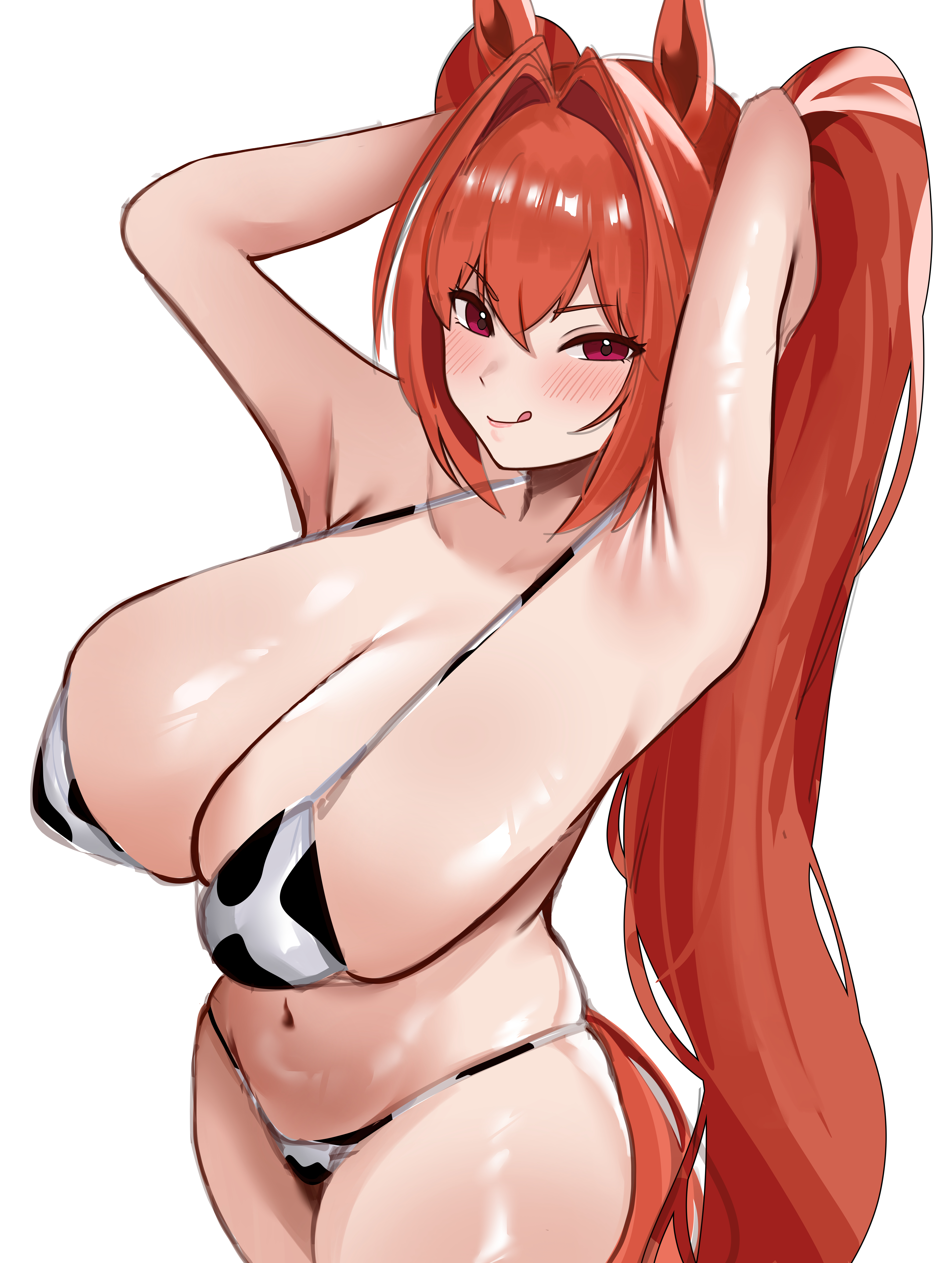 1girl, armpits, arms behind head, arms up, brown hair, cleavage, cowprint bikini, daiwa scarlet (umamusume), horse ears, horse girl, huge breasts, long hair, looking at viewer, navel, red eyes, rumina runa, sideboob, solo, stomach, twintails, umamusume, umamusume pretty derby, very long hair
