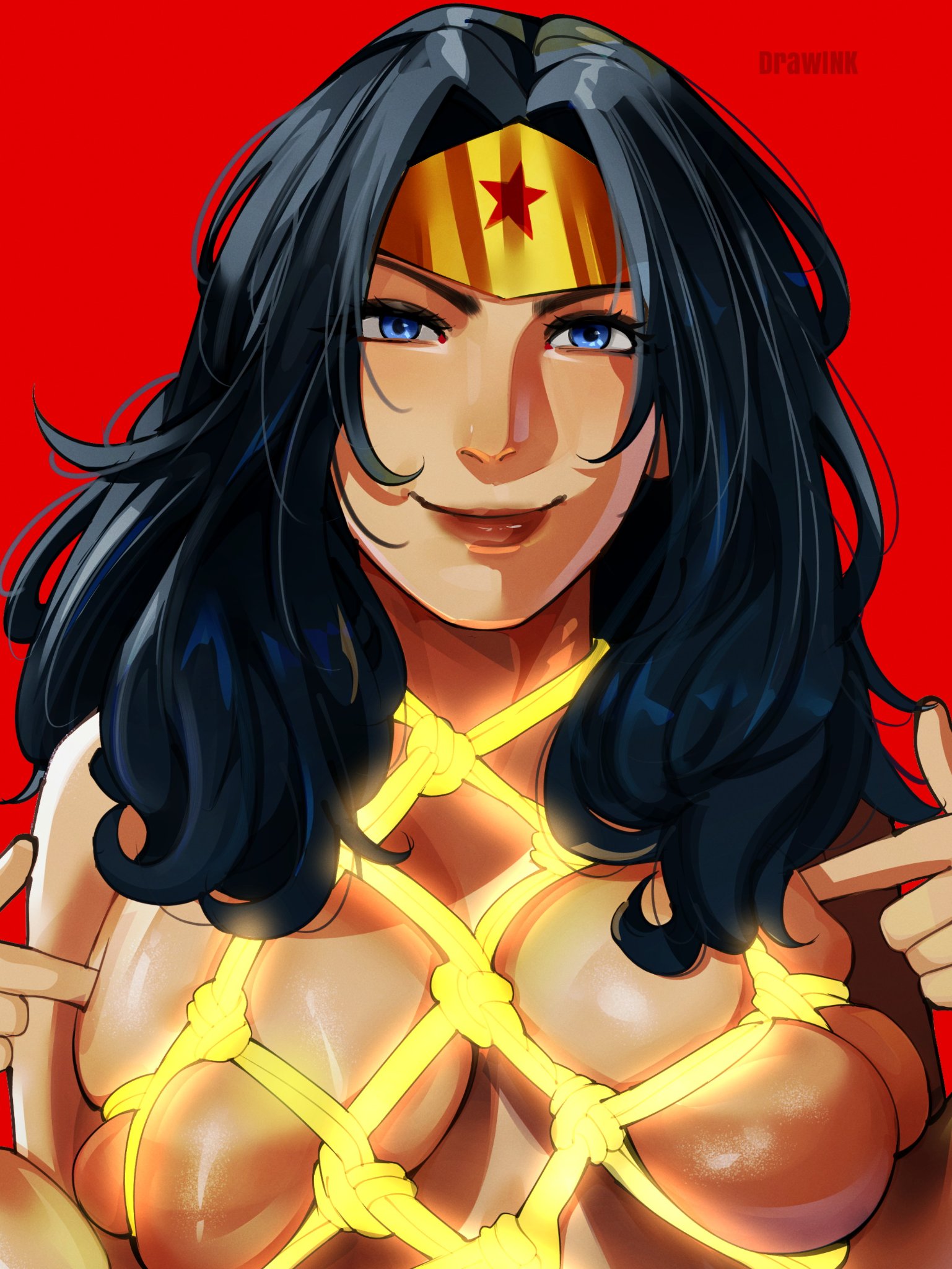 1girls, big breasts, black hair, blue eyes, bondage, breasts, dc comics, drawink, female, glowing, lasso of truth, lipstick, long hair, looking at viewer, magic bondage, no bra, nude, nude female, red background, rope, rope bondage, shibari, smile, superheroine, tiara, topless, upper body, upper body only, wonder woman