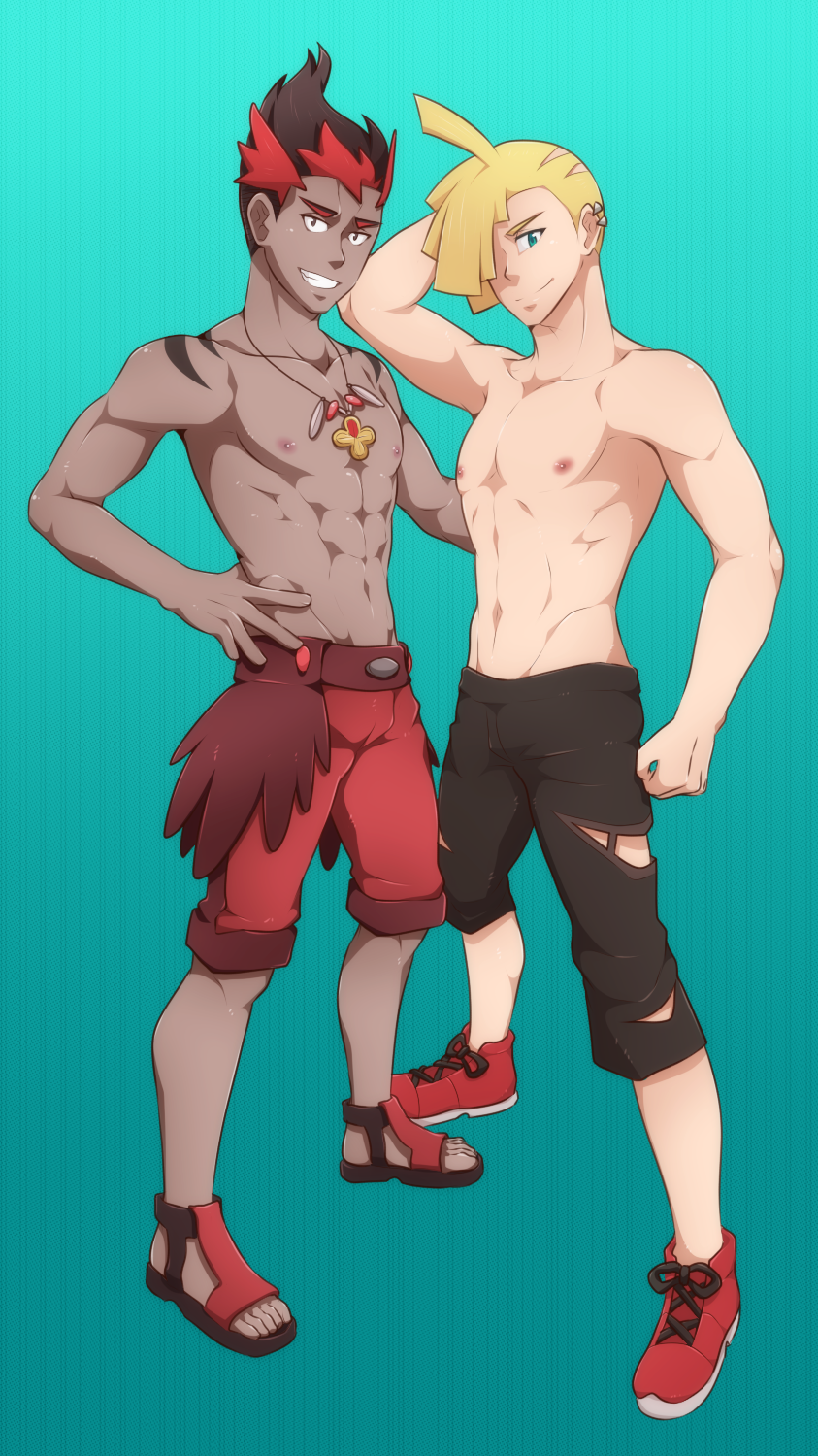 2boys abs aged_up catnappe143 clothes gladion_(pokemon) kiawe_(pokemon) male male_only muscles muscular nintendo pecs pokemon pokemon_sm shirtless topless yaoi