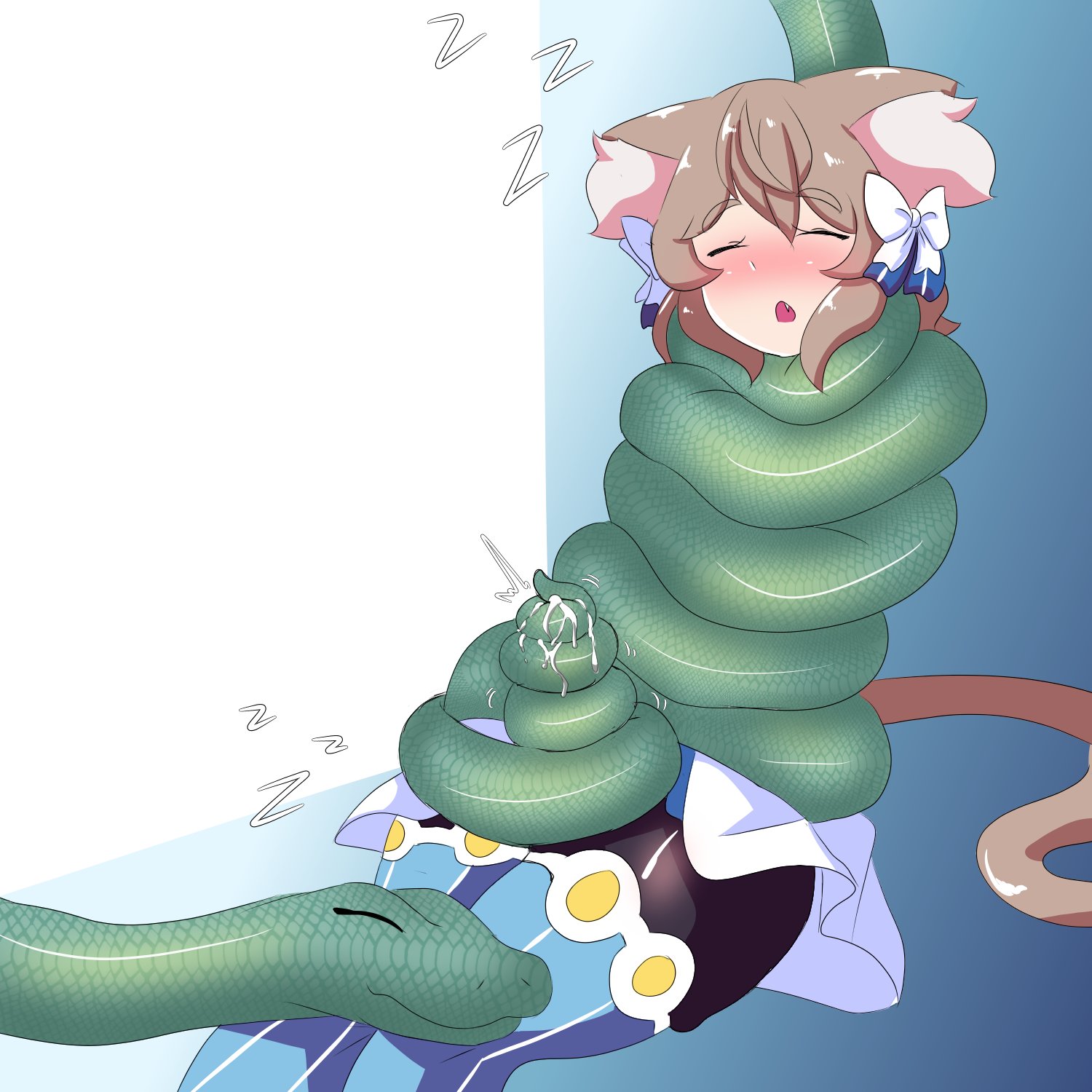 1boy, 2023, brown hair, bulge, cat ears, cat tail, catboy, closed eyes, coiling, coils, cum, ear tuft, felix argyle, femboy, girly, hair ornament, hair ribbon, hi res, male, male only, open mouth, penis coiling, re:zero kara hajimeru isekai seikatsu, simple background, sleeping, snake, sonazthewho, tail, tail around penis, tail sex, tail wrapped around penis, thick thighs, zoophilia