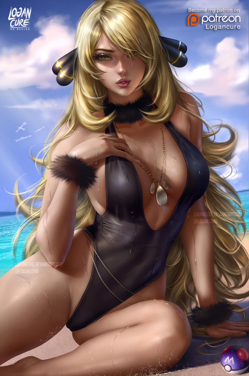 1girl 1girls alluring alternate_eye_color avian bangs bangs_over_one_eye bare_shoulder bare_shoulders beach big_breasts black_hair_ornament black_one-piece_swimsuit blonde_hair breasts cameltoe cleavage clouds cynthia_(pokemon) day daylight daytime female female_only feral fur_bracelet fur_collar fur_trim fur_trim_(clothing) fur_trim_armwear gold_chain gold_jewelry gold_necklace hair_ornament hair_over_one_eye half-closed_eyes hand_on_chest hand_over_breast highleg hourglass_figure large_breasts large_thighs logan_cure long_eyelashes long_hair long_lashes looking_at_viewer necklace one-piece_swimsuit outdoor outdoors outside partially_clothed pokemon pokemon_dppt sand sea seaside seductive_eyes seductive_gaze seductive_look seductive_mouth seductive_pose sitting_on_sand skin_tight skintight_clothes skintight_clothing sky solo solo_female solo_focus sun_rays swimsuit text thick_thighs thighs toned toned_female url very_long_hair water watermark wet wet_body wet_skin wings wingull yellow_eyes