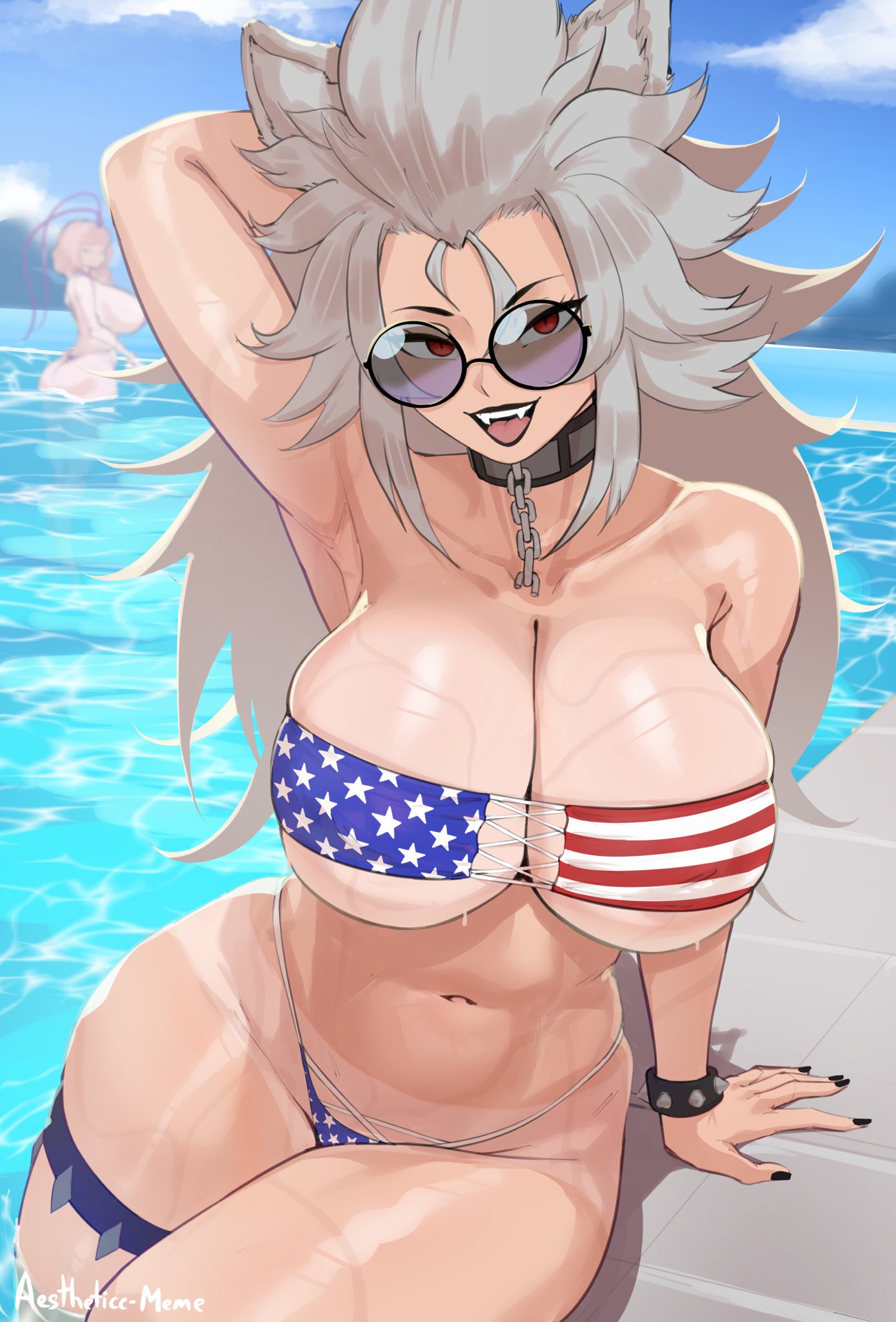 1girls, 2026, 2d, 4th of july, aestheticc-meme, american flag bikini, busty, collar, fangs, female, fourth of july, grey hair, hair, huge breasts, larger breasts, light skin, light-skinned female, long hair, matara kan, red eyes, thick thighs, tinted glasses, virtual youtuber, vtuber, wet body, wolf girl, zentreya, zentreya (werewolf)