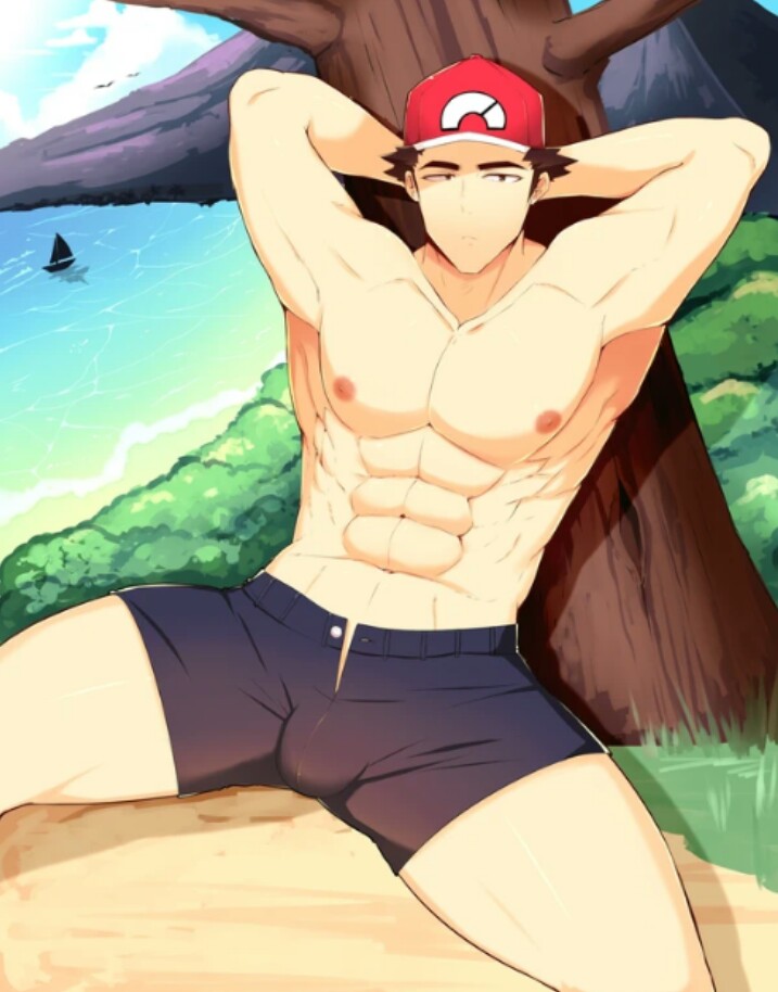 1boy, abs, bulge, human, human only, male, male only, muscular, nintendo, nipples, pecs, pokemon, pokemon sm, red (pokemon), solo