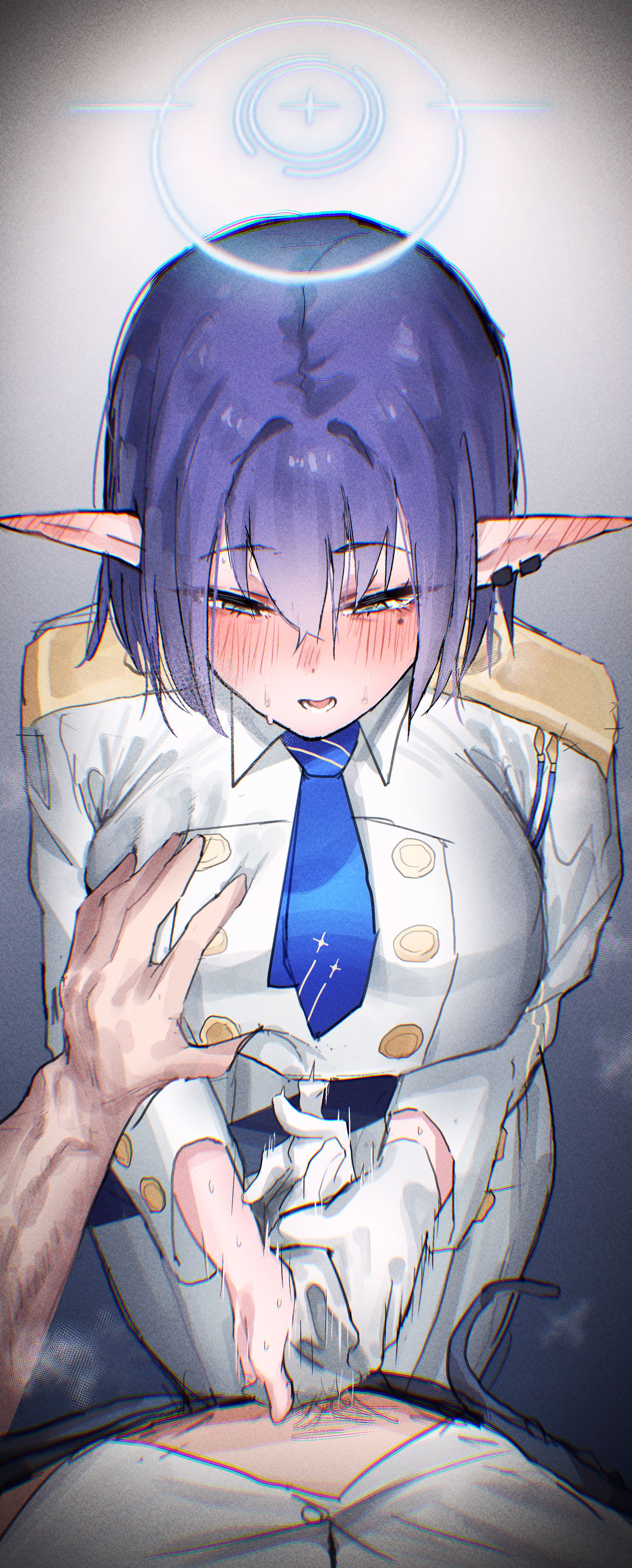 1boy, 1girls, absurdres, aoi (blue archive), blue archive, blue hair, blue halo, blue necktie, collared jacket, commentary request, cropped jacket, earclip, female, gloved handjob, gloves, grabbing another's breast, groping, halo, handjob, hetero, highres, jacket, long skirt, male, mole, mole under eye, necktie, penis in glove, pointy ears, pov, skirt, spacetazune, white gloves, white jacket, white skirt