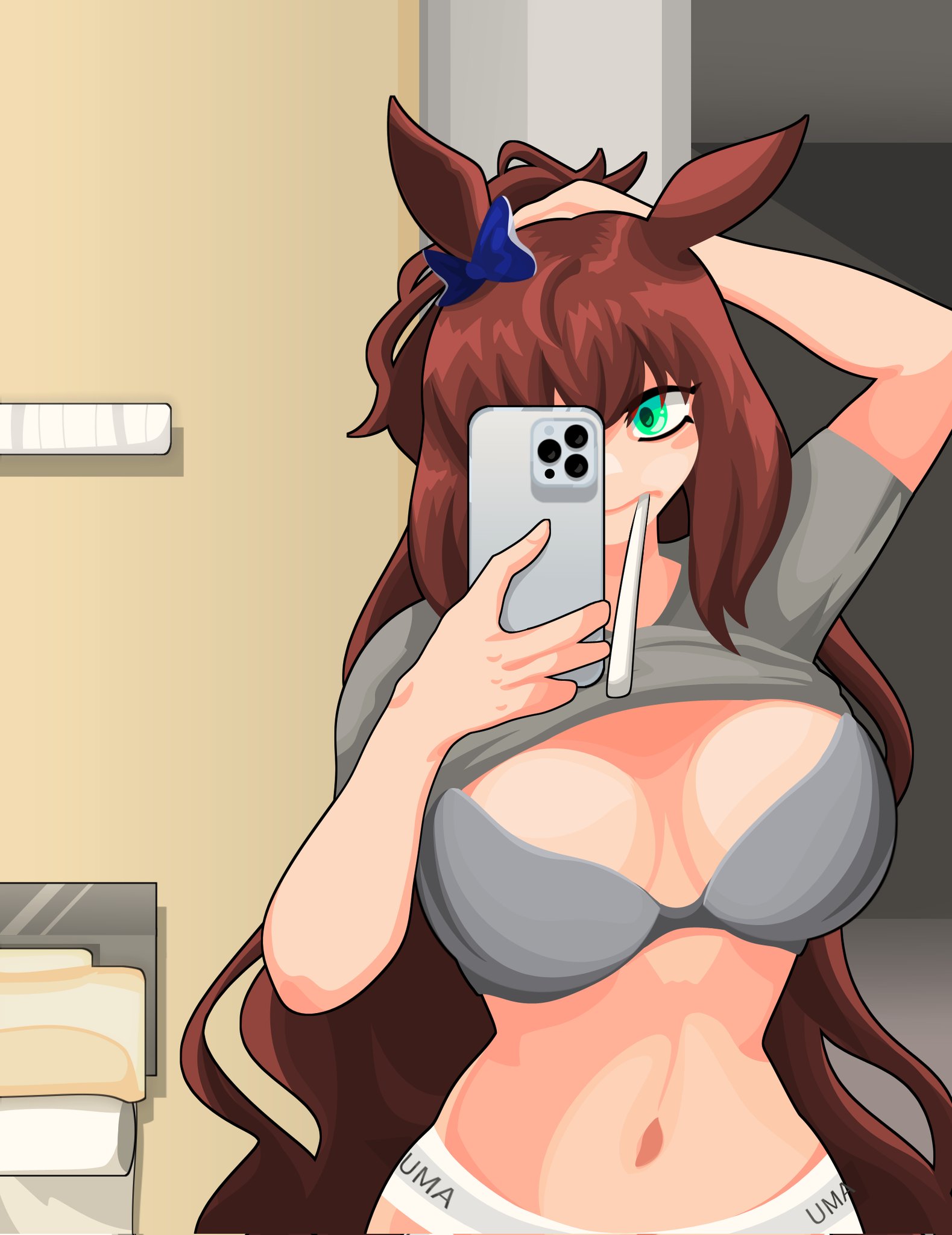 bathroom, big breasts, bra, brown hair, brushing teeth, calvin klein, cellphone, commission, commission art, curvy, female, female only, green eyes, hand on head, horse, horse ears, horse girl, large breasts, long hair, maruzensky (umamusume), mirror, mirror selfie, naokamaaa, naokamaaa (artist), panties, scratching head, shirt lift, smartphone, taking selfie, toothbrush, toothbrush in mouth, umamusume, umamusume pretty derby