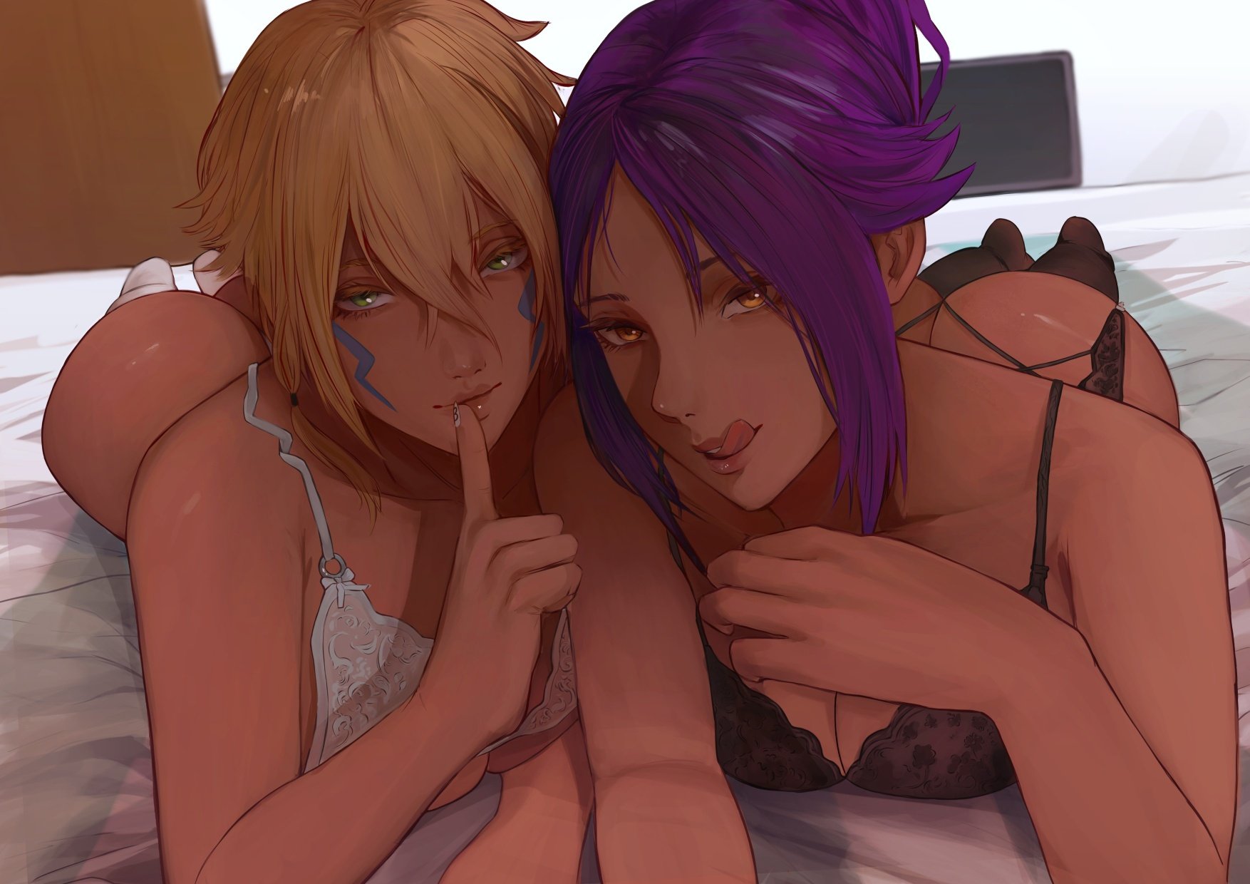 ass, ass focus, barely clothed, big ass, big boobs, big breasts, big butt, big tits, black lingerie, bleach, bleach: the thousand-year blood war, blonde hair, boobs, breasts, breasts focus, brown eyes, bubble ass, bubble butt, butt, butt focus, dark skin, dark-skinned female, dat ass, fat ass, fat butt, female, female focus, female only, green eyes, hazel eyes, hugging, large ass, large boobs, large breasts, large butt, large tits, lesbian, lingerie, long hair, looking at viewer, luwdd, purple hair, shihouin yoruichi, strap slip, tan skin, tan skinned female, tia harribel, tits, titties, white lingerie, yellow eyes, yuri