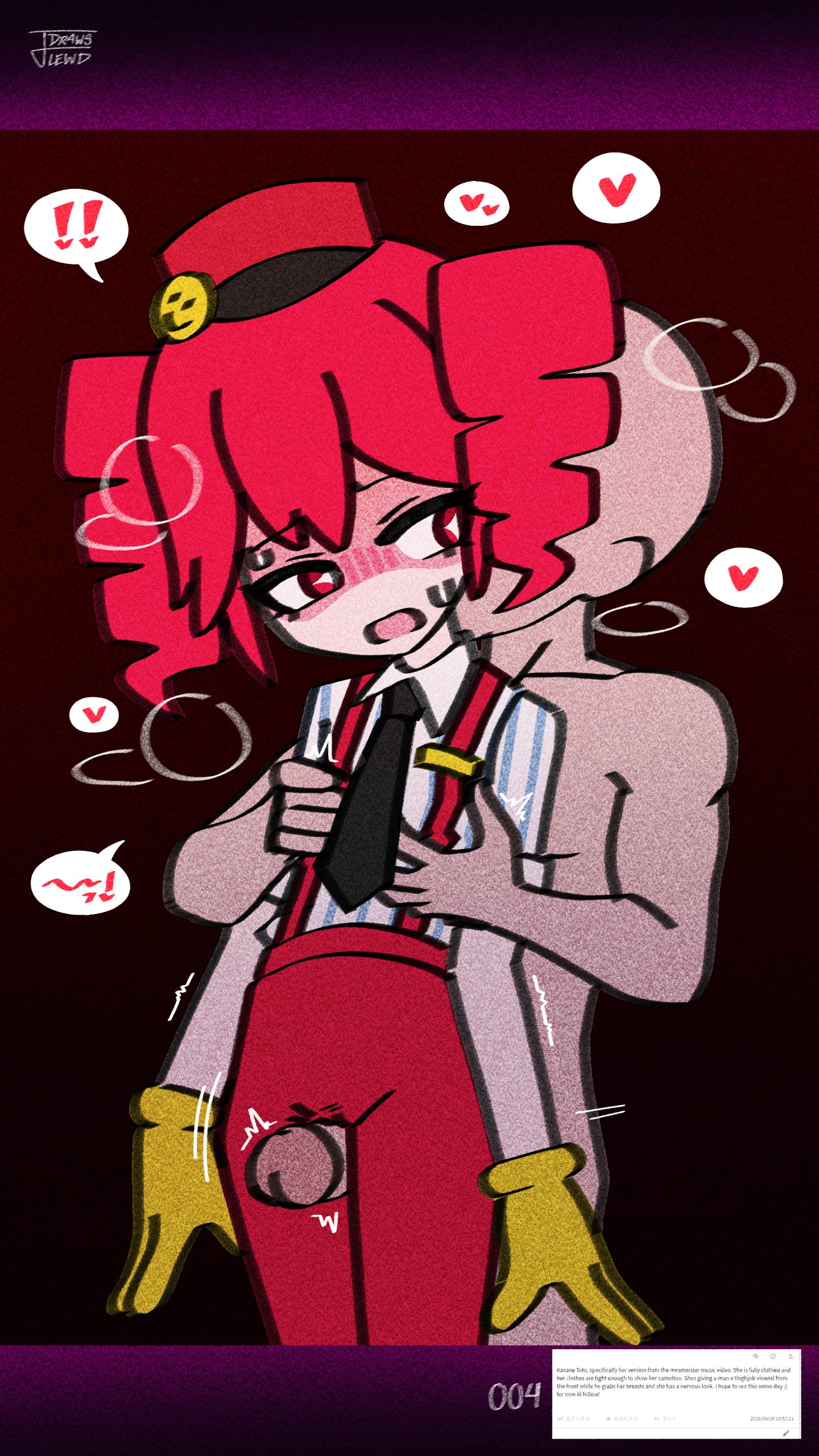 1boy, 1girls, 2d, 2d (artwork), accurate art style, alternate version available, anon, anonymous male, artist name, artist signature, blouse, blush, blush lines, blushing profusely, breast grab, breasts, cameltoe, clothed, clothed female, clothed female nude male, clothed sex, clothing, dry humping, embarrassed, embarrassed female, eyelashes, female, flat chest, from behind, from behind position, fully clothed, gloves, grabbing arms, grinding, grinding on penis, grinding penis on pussy, hat, height difference, high waisted pants, high-waist pants, hips wider than shoulders, humping, jdrawslewd, kasane teto, kasane teto (sv), looking at penis, looking back, looking down, low-angle view, male, male behind female, mesmerizer (vocaloid), mesmerizer teto, motion lines, mv character, navel, navel visible through clothes, necktie, nervous, pants, penis, penis between thighs, penis rubbing pussy, penis touching vagina, petite, petite body, petite female, pussy, pussy juice, red eyes, red hair, request, request inset, restrained, restrained arms, rubbing penis on pussy, rubbing pussy, secretly loves it, sexual assault, sexual harassment, shiny clothes, shirt, simple background, skindentation, skinny, skinny female, slim girl, slim waist, smaller female, sparkling eyes, spoken heart, steam, steaming body, straight, striped shirt, suspenders, sweat, sweatdrop, sweating, synthesizer v, taller male, thigh job, thigh sex, thigh sex over clothes, thighs, thighs together, thrusting, thrusting forward, thrusting hips, tremble spikes, trembling, twin drills, utau, vagina, wavy mouth, wide hips, worried, worried expression