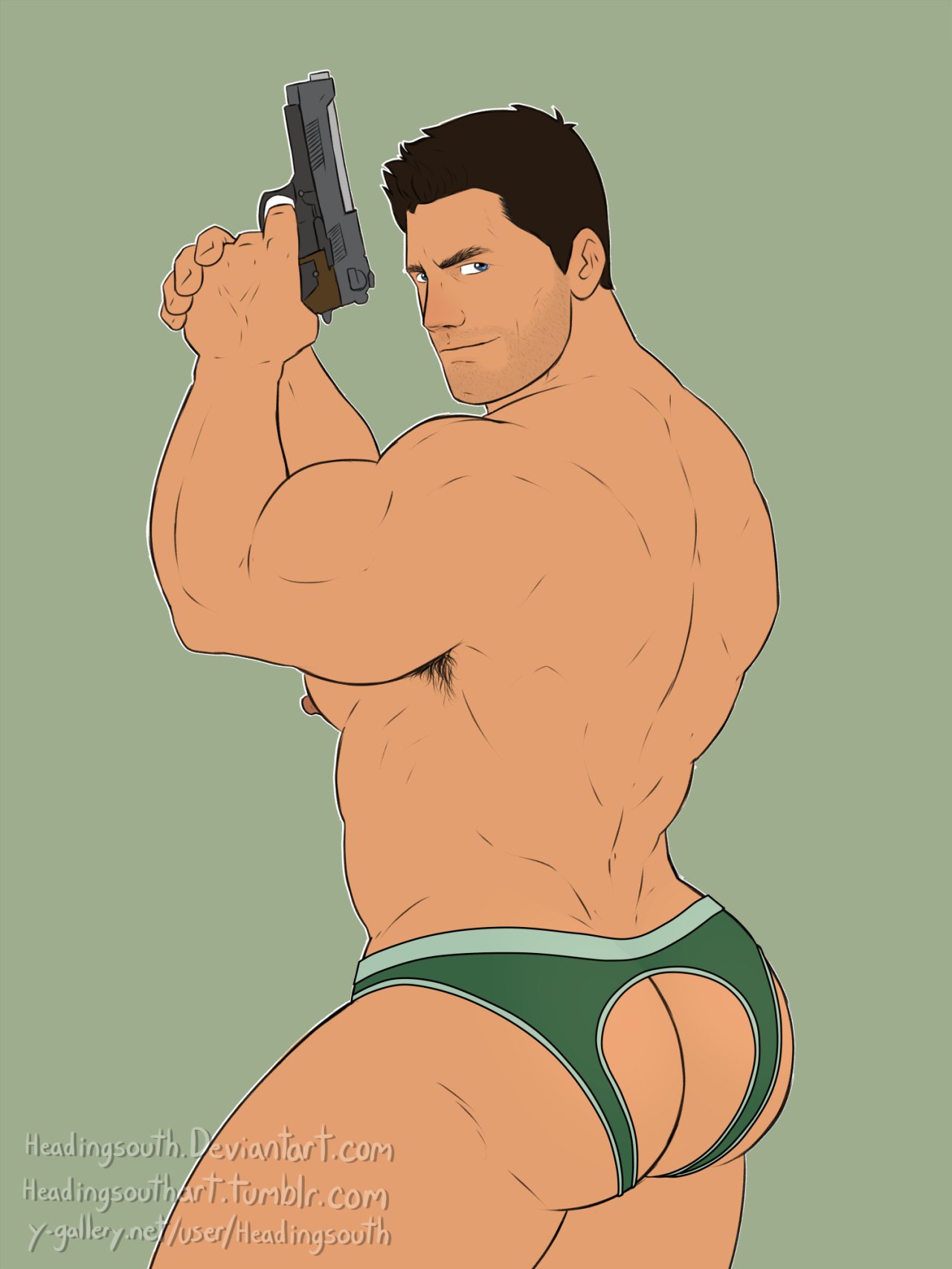 1boy, armpit hair, ass, ass focus, back, back muscles, back view, bara, barely clothed, big ass, big butt, big nipples, blue eyes, brown hair, bubble ass, bubble butt, butt focus, capcom, chris redfield, dark hair, erect nipples, facial hair, firearm, five o'clock shadow, green background, green underwear, grey background, gun, handgun, headingsouth, holding gun, holding object, holding weapon, human, human only, jockstrap, light skin, looking at viewer, male, male focus, male only, muscles, muscular, muscular male, naughty face, nipples, pinup, pistol, pose, posing, puffy nipples, resident evil, revealing clothes, sidepec, smile, smirk, solo, solo focus, solo male, standing, stubble, suggestive, thick thighs, underwear, underwear only, weapon, yaoi