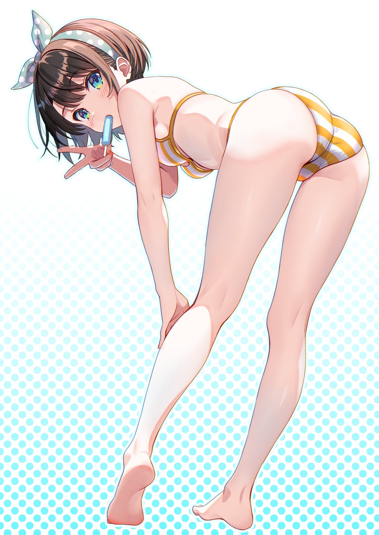 1girls, alternate costume, back, back view, bikini, bikini bottom, bikini top, black hair, female, female focus, female only, full body, hololive, hololive japan, light skin, light-skinned female, looking at viewer, looking back, looking back at viewer, oozora subaru, popsicle, short hair, simple background, slim girl, solo, solo female, solo focus, swimsuit, two piece swimsuit, virtual youtuber, vtuber, yellow bikini, yellow bikini bottom, yellow bikini top, yellow swimsuit, young, younger female
