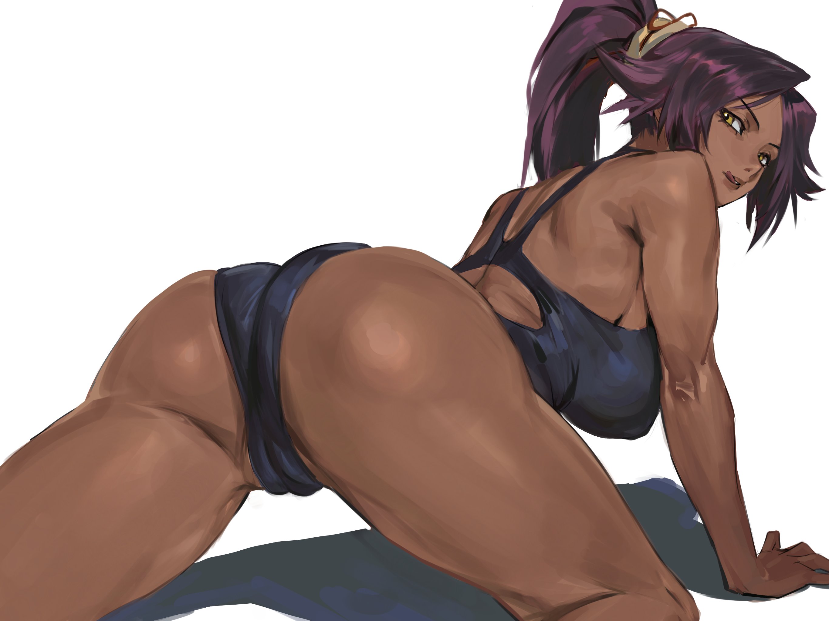 ass, ass focus, ass up, big ass, big boobs, big breasts, big butt, big tits, bleach, bleach: the thousand-year blood war, boobs, breasts, bubble ass, bubble butt, butt, cameltoe, dark skin, dark-skinned female, dat ass, enargeia, fat ass, fat butt, female, female focus, female only, large ass, large boobs, large breasts, large butt, large tits, licking lips, looking at viewer, looking back, nipple bulge, nipples, on all fours, purple hair, pussy, pussy lips, shihouin yoruichi, taiyang yu, tits, titties, vagina outline, yellow eyes