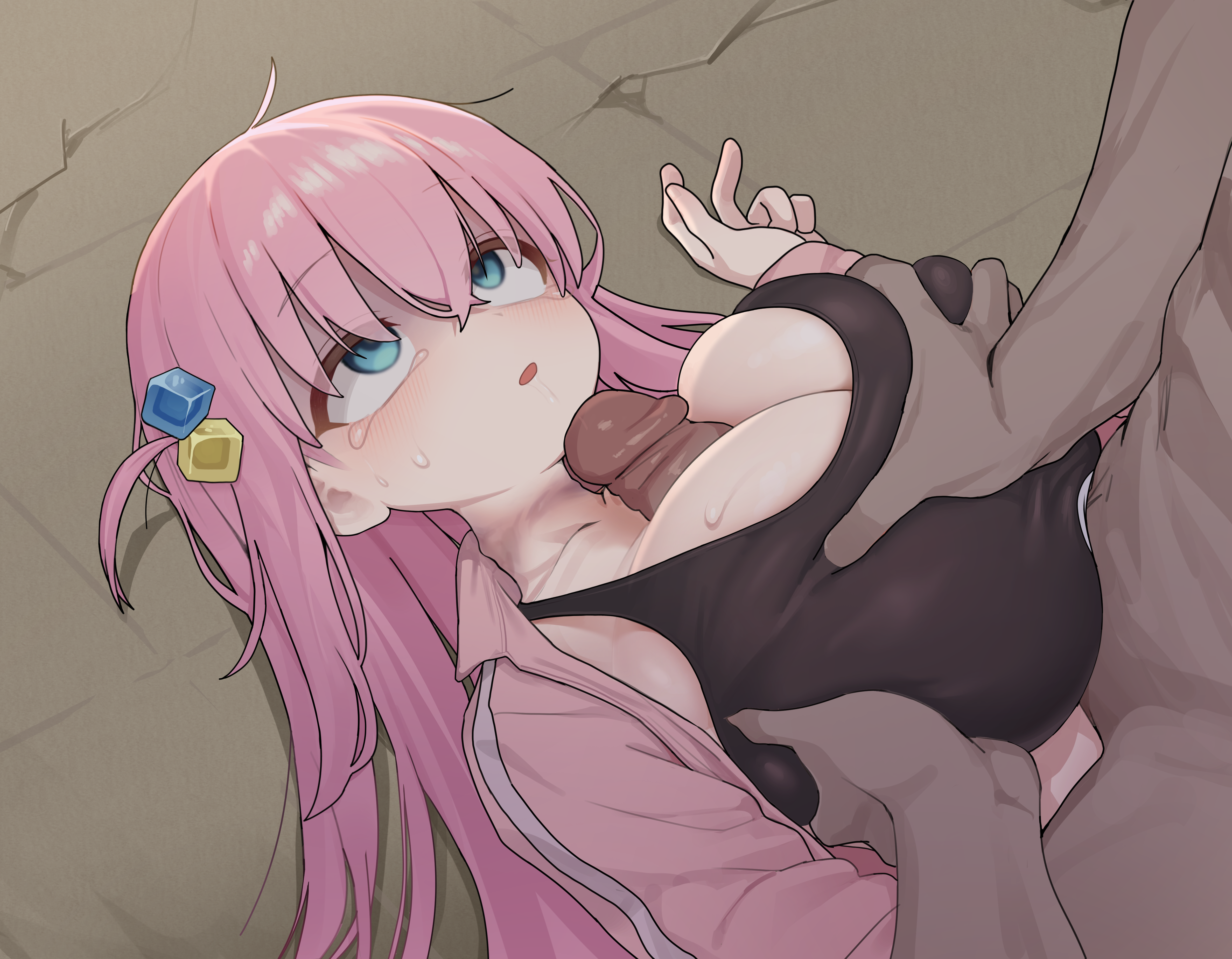 1boy, 1girls, black skirt, black socks, black sports bra, blue eyes, blush, bocchi the rock!, breasts, broken neck, cleavage, clothes lift, corpse, covered nipples, cube hair ornament, death, empty eyes, female death, gore, gotou hitori, guro, hair ornament, hetero, jacket, ju ge, large breasts, laying down, loafers, long hair, neck snap, necrophilia, night, open clothes, open jacket, outdoors, paizuri, pink hair, pink jacket, rolling eyes, ryona, sex, snuff, sports bra, straight, tears