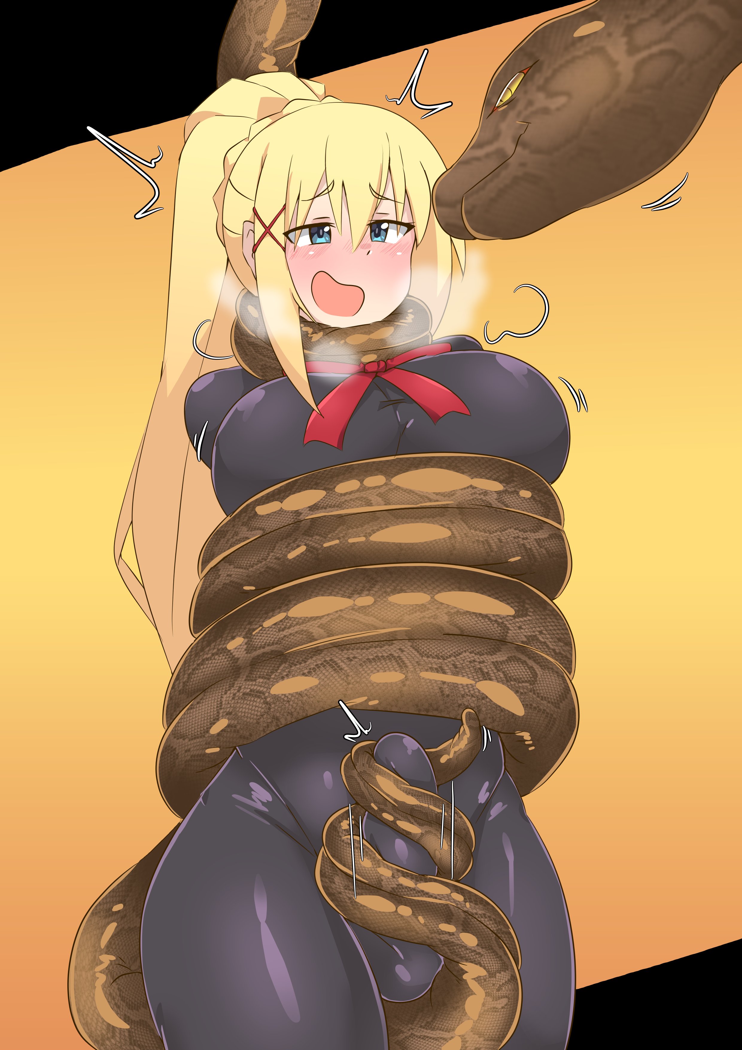 1futa, 2026, big breasts, black skinsuit, blonde hair, blue eyes, blush, bodysuit, coiling, darkness (konosuba), dickgirl, erection, erection under clothes, eye contact, feral, futa only, futanari, intersex, kono subarashii sekai ni shukufuku wo!, long hair, open mouth, pleasure face, ponytail, restrained, skinsuit, smile, snake, sonazthewho, steamy breath, tail sex, tailjob, very high resolution, wide hips, yellow eyes