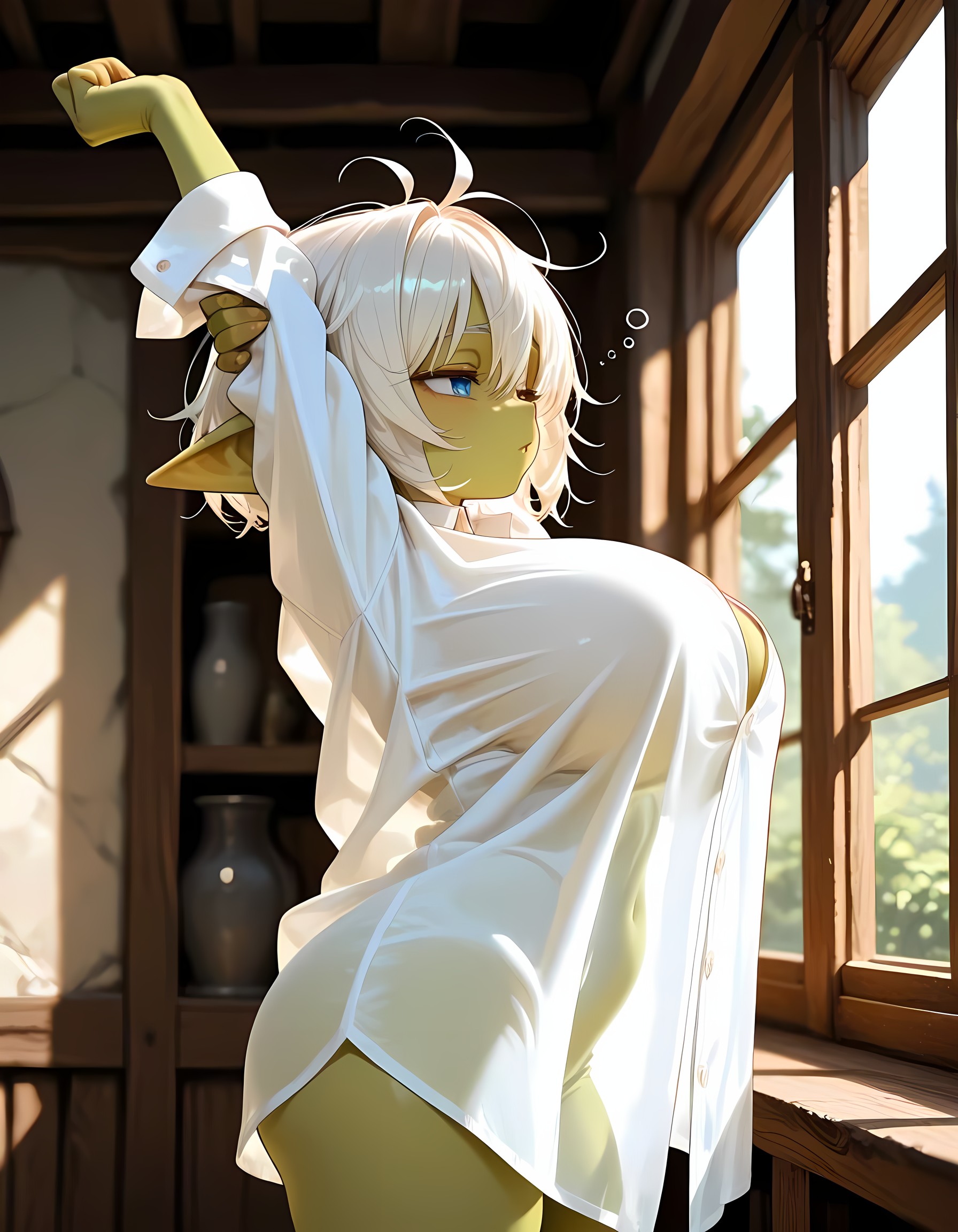 ai generated, elf, goblin, goblin female, green skin, half-closed eyes, huge breasts, messy hair, shortstack, smaller female, transparent clothing, white hair