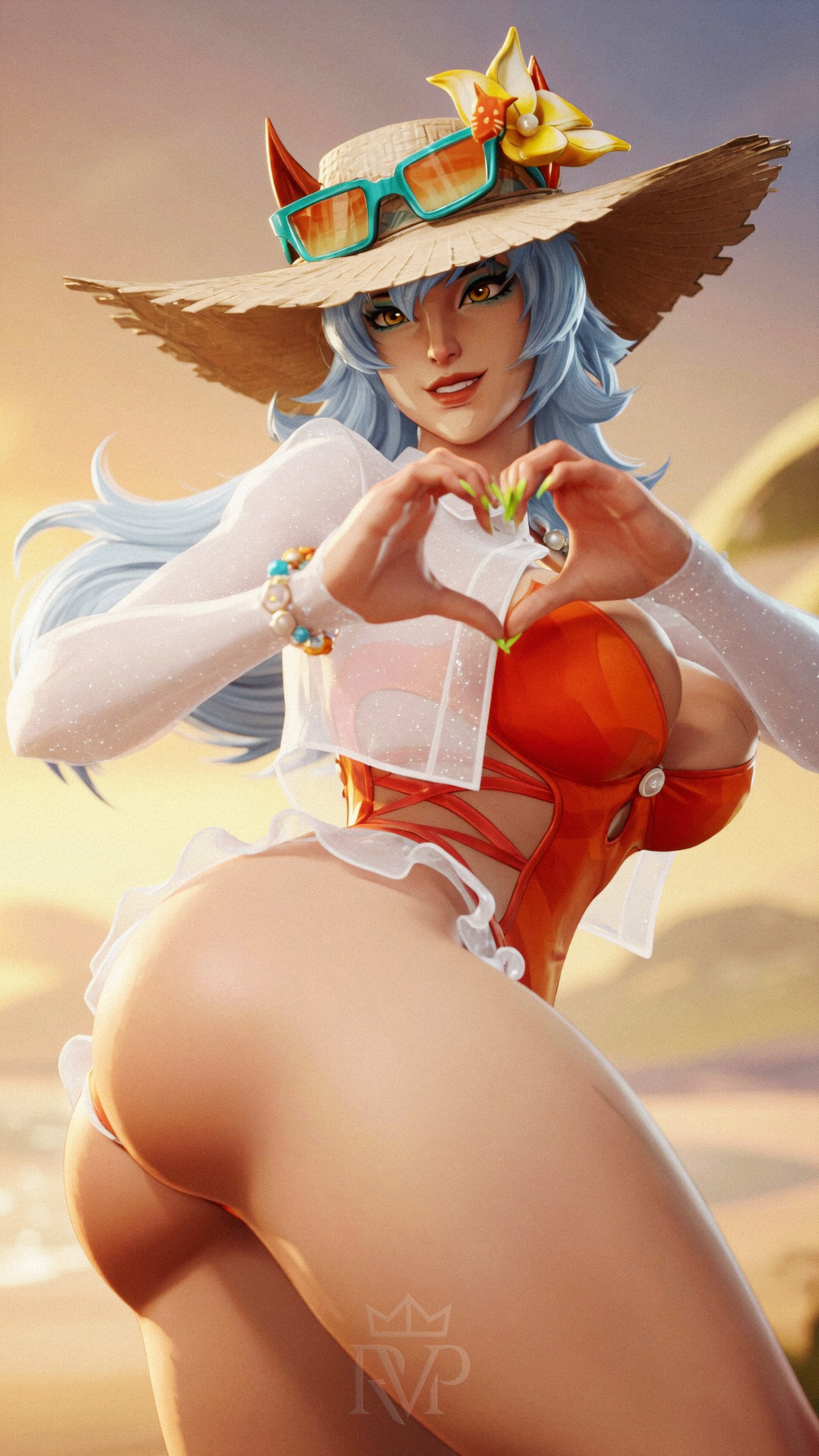 1girls, 3d, ass, ass focus, big ass, big breasts, bikini, cute, cute face, cute female, female, female only, heart gesture, heart hands, low-angle view, marvel, marvel rivals, renanvp, smile, solo, thick thighs, white fox (coastal kumiho), white fox (marvel rivals), white fox (marvel), wholesome