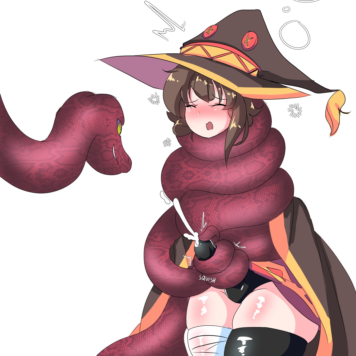 1futa, 2024, blush, closed eyes, clothed, clothing, coiling, cum, cum through clothes, ejaculation, erection, erection under clothes, feral, futa only, futanari, hi res, human, intersex, kono subarashii sekai ni shukufuku wo!, light skin, light-skinned futa, megumin, mostly clothed, orgasm, panties, restrained, skindentation, snake, solo, sonazthewho, standing, tail sex, tailjob, thick thighs, thighhighs, white background, witch hat