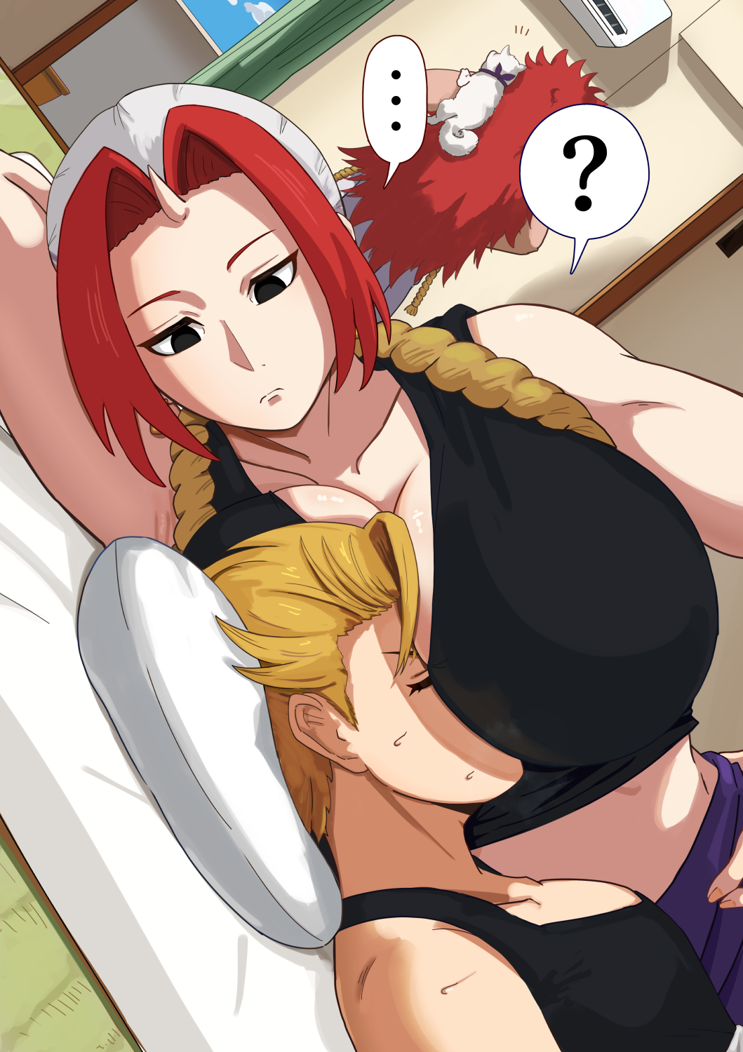 athletic, athletic female, big boobs, big breasts, big tits, boobs, boobs on face, breasts, breasts on face, cleavage, dubious consent, female, horn, larger female, left (yomi no tsugai), long hair, male, muscular, muscular female, nonchalant, pleia desu, right (yomi no tsugai), shorter male, smaller male, suggestive, suggestive pose, taller female, tits, tits on face, yomi no tsugai, yuru (yomi no tsugai)