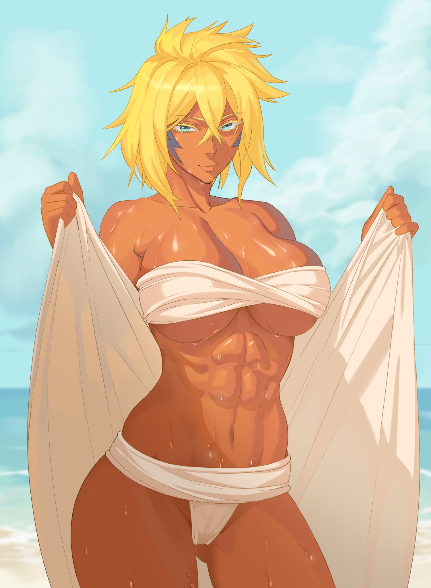 1girls, abs, beach, big breasts, bikini, bleach, blonde hair, breasts, cleavage, cloud, cloudy sky, collarbone, dark skin, dark-skinned female, facial tattoo, green eyes, highres, large breasts, looking at viewer, muscular, muscular female, omzyman, open towel, short hair, sky, solo, swimsuit, tan, tattoo, tier harribel, towel, water drop