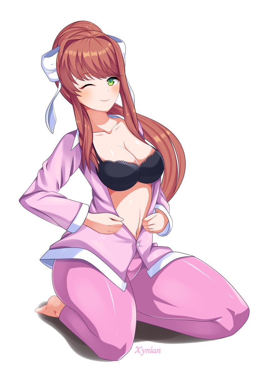 1girls artist_name big_breasts black_bra bra breasts brown_hair cleavage cute doki_doki_literature_club female hourglass_figure long_hair looking_at_viewer monika_(doki_doki_literature_club) on_knees open_shirt pajamas pink_pajamas ponytail solo solo_female teasing thick_thighs thighs undressing wide_hips wink winking winking_at_viewer xynian xynian_arts xynsfw