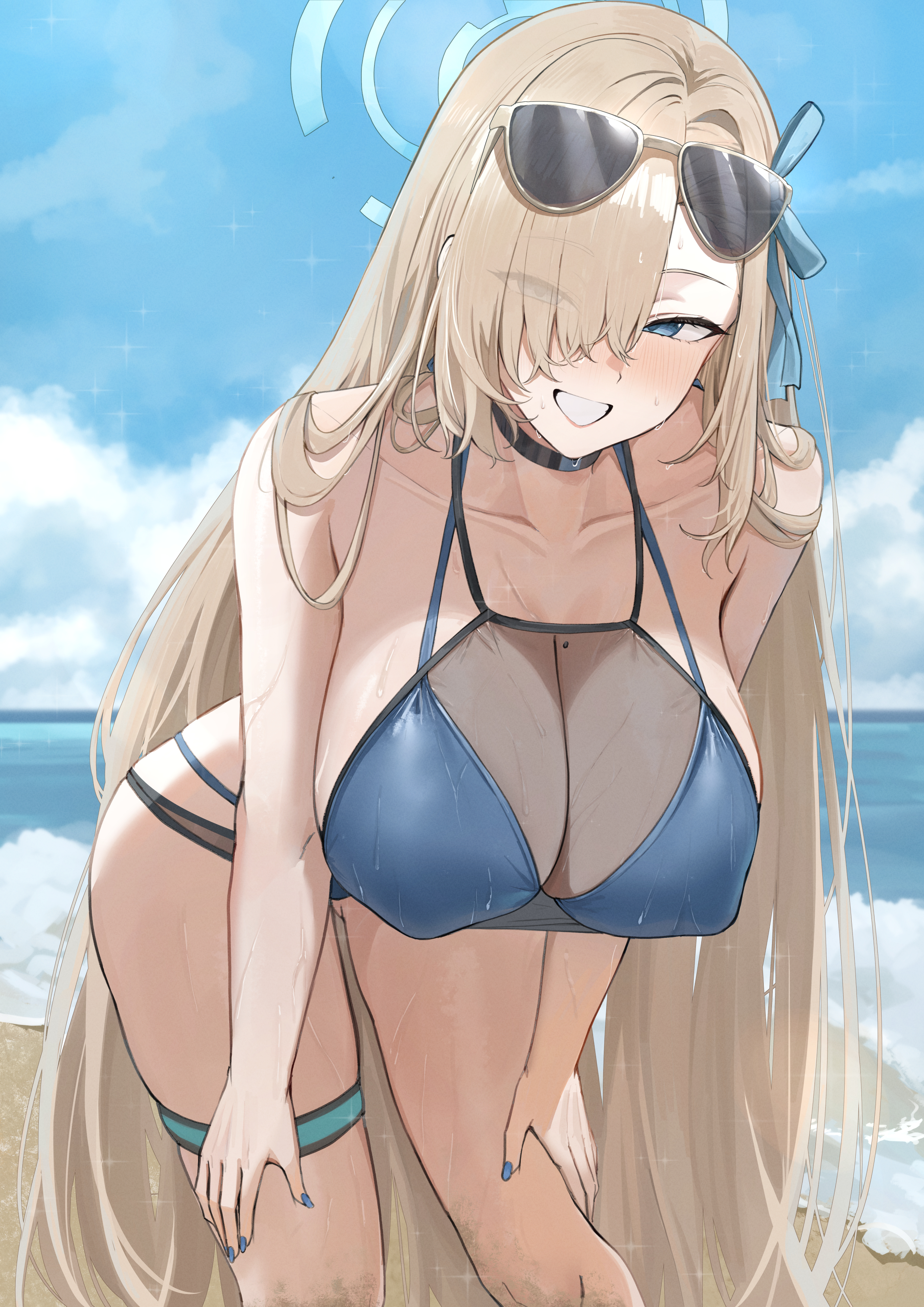 1girl, absurdres, asuna (blue archive), bare shoulders, beach, bikini, blonde hair, blue archive, blue bikini, blue eyes, blue sky, blush, breasts, choker, cleavage, eyewear on head, grin, hair over one eye, halo, highres, large breasts, leaning forward, long hair, looking at viewer, navel, ref (pmxt4483), shore, sky, smile, solo, sunglasses, swimsuit, thighs, very long hair
