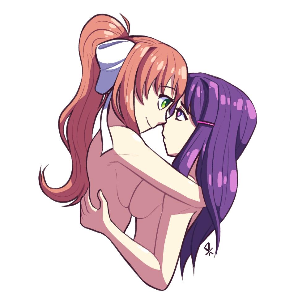 2girls, breast press, breasts, brown hair, doki doki literature club, female, female only, green eyes, long hair, monika (doki doki literature club), multiple females, multiple girls, nude, purple eyes, purple hair, steecks, symmetrical docking, yuri, yuri (doki doki literature club)