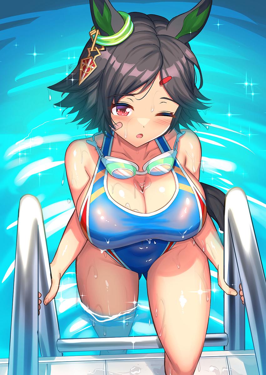 1girls, after swimming, animal ears, animal tail, artist request, bandage, bandaid, bandaid on face, black hair, blue one-piece swimsuit, blush, blushing, breasts, cleavage, climbing ladder, collarbone, cygames, ear ornament, eyebrows visible through hair, feet out of frame, female, goggles around neck, hairclip, horse ears, horse girl, horse tail, large breasts, liquid between breasts, navel visible through clothes, one eye closed, one-piece swimsuit, open mouth, pool, pool ladder, red eyes, short hair, sideboob, solo, sparkles, swimming goggles, swimsuit, thick thighs, thighs, tummy bulge, umamusume, umamusume pretty derby, water, water drop, wet, wet body, winning ticket (umamusume)