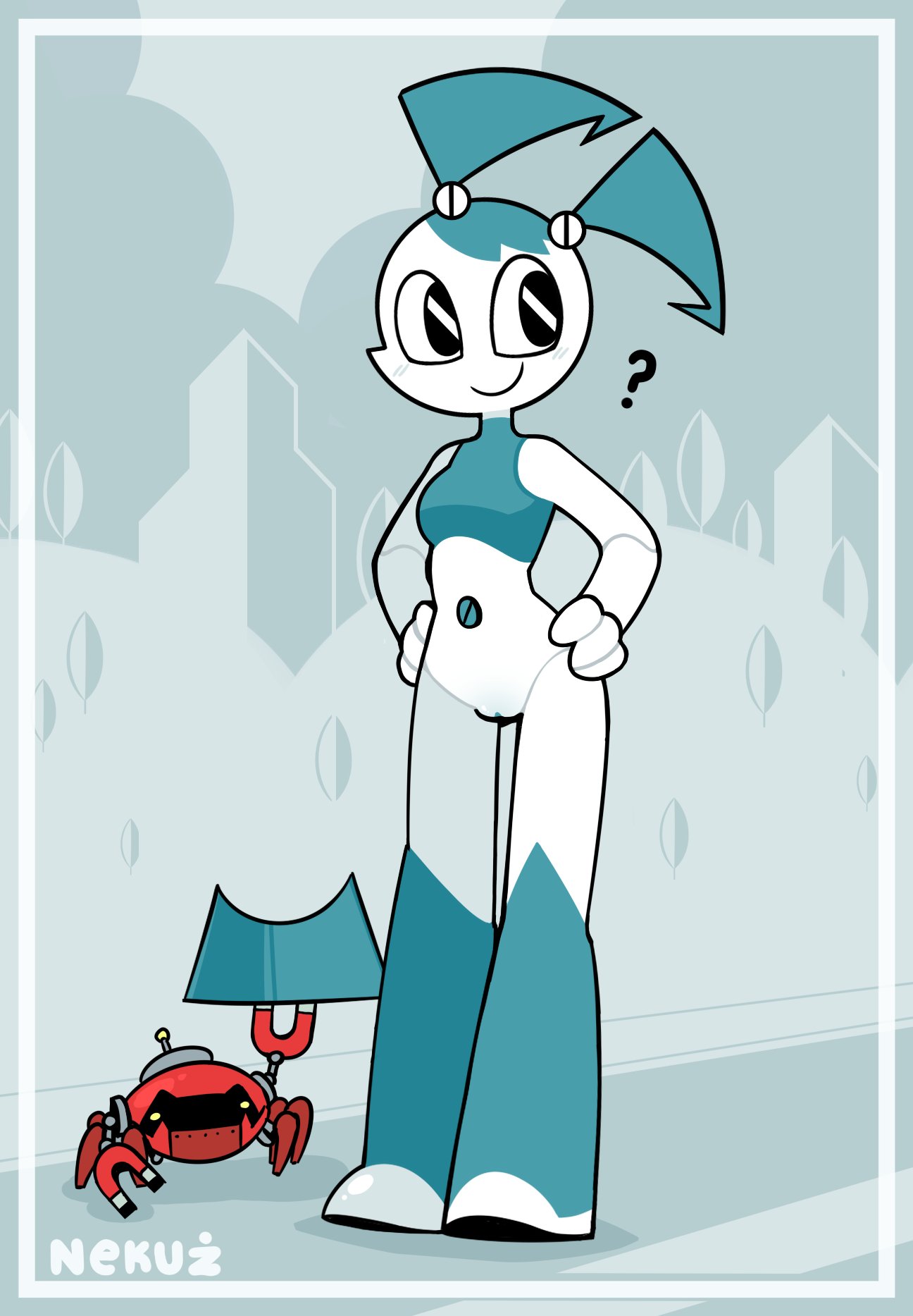 1girls, artist name, bottomless, bottomless female, breasts, casual, crab, female, female focus, female only, jenny wakeman, my life as a teenage robot, nekuzx, nickelodeon, nonsexual, nonsexual nudity, outdoor bottomlessness, outdoors, pussy, robot, robot girl, smile, solo, solo female, tagme, vagina, xj-9
