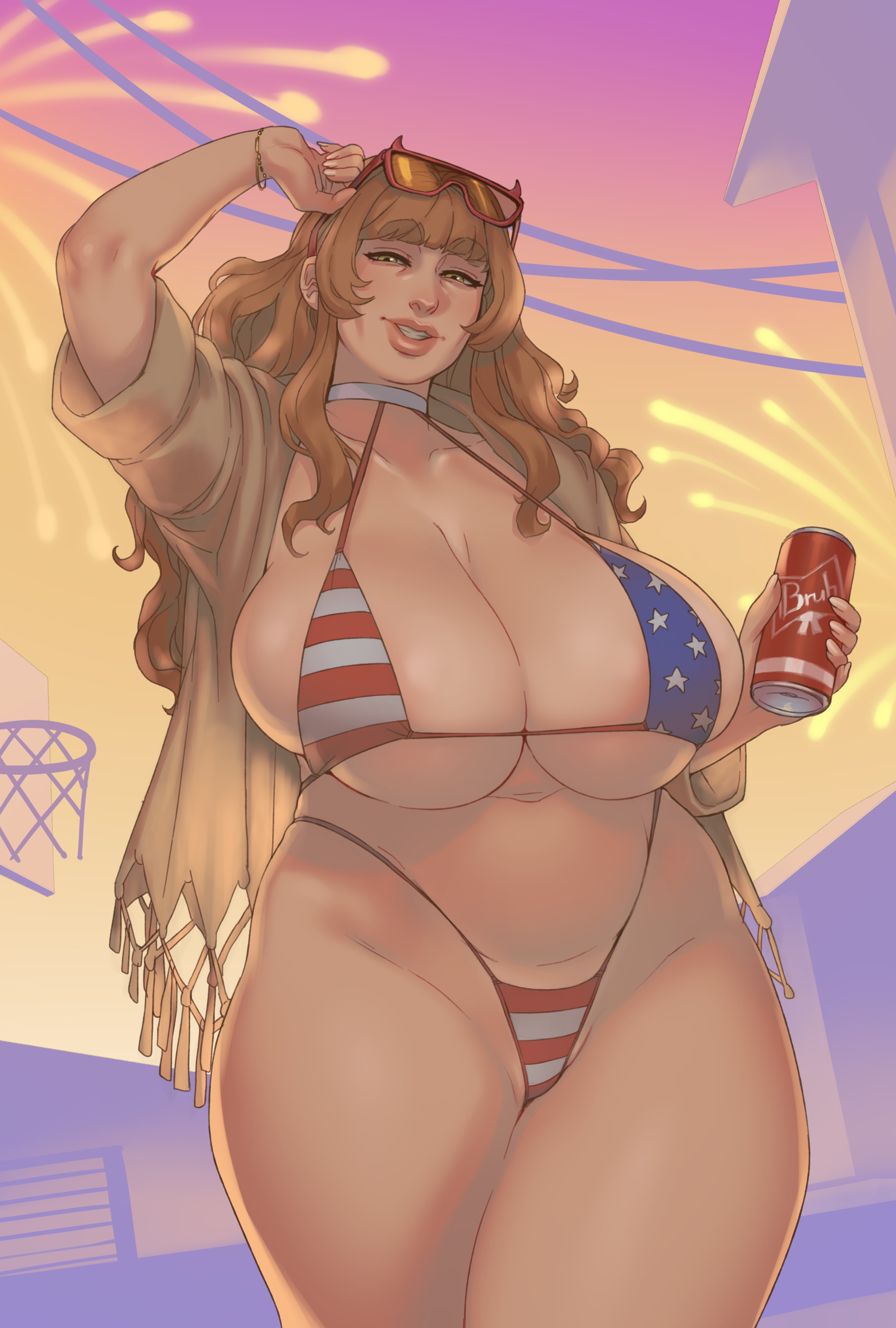 1girls, 4th of july, absurd res, american flag bikini, big breasts, big thighs, bikini, blonde hair, can, choker, djcomps, female, female only, fizzz, glasses on head, grand theft auto vi, green eyes, grin, grinning at viewer, gta vi cover girl, huge breasts, jessica compass, large breasts, long hair, looking at viewer, narrowed eyes, original, smiling, smiling at viewer, smirk, solo, thick, thick thighs