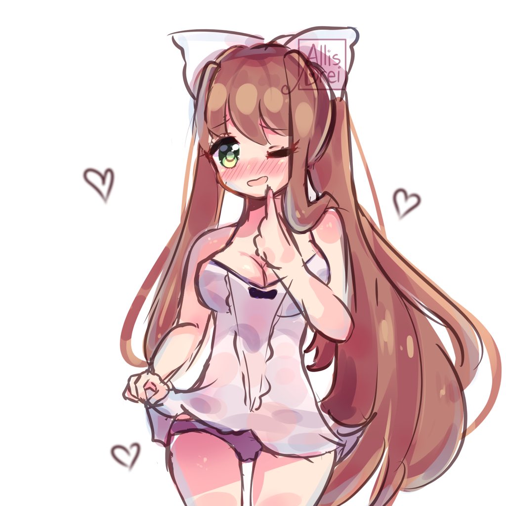 allisdrei, brown hair, cute, doki doki literature club, dress, dress lift, female, female only, green eyes, long hair, long-haired female, monika (doki doki literature club), teasing
