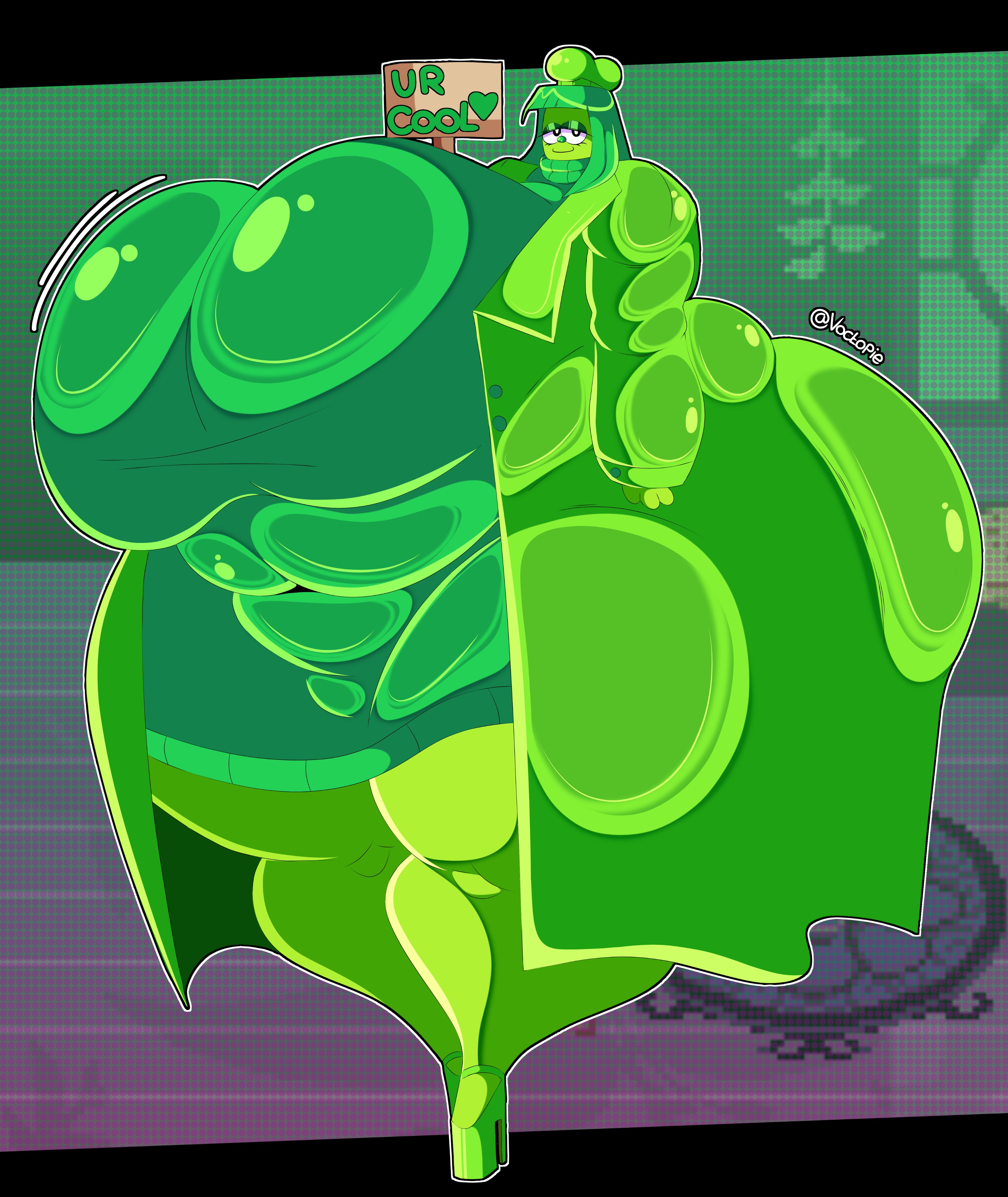 ass, belly, better version, big ass, big belly, big breasts, big thighs, boobs, boobs bigger than head, breasts, breasts bigger than head, chef hat, chubby, chubby belly, chubby female, clothed, clothes, clothing, curvaceous, curvaceous ass, curvaceous body, curvaceous female, curvaceous figure, curvaceous thighs, curvy, curvy body, curvy female, curvy figure, curvy hips, deltarune, deltarune chapter 5, fat ass, fat butt, female, female focus, female only, gigantic ass, gigantic belly, gigantic boobs, gigantic breasts, gigantic butt, gigantic thighs, green (deltarune), green body, green clothes, green clothing, green hair, green hat, green heels, green skin, happy, happy female, hat, heart, heart symbol, heels, high quality, high resolution, huge ass, huge belly, huge boobs, huge breasts, huge butt, huge thighs, hyper, hyper ass, hyper belly, hyper boobs, hyper breasts, hyper butt, hyper thighs, looking at viewer, massive ass, massive belly, massive boobs, massive breasts, massive butt, massive thighs, smile, smiling, smiling at viewer, thick, thick ass, thick thighs, thighhighs, thighs, toby fox, undertale, undertale (series), voctopie, voluptuous, voluptuous female