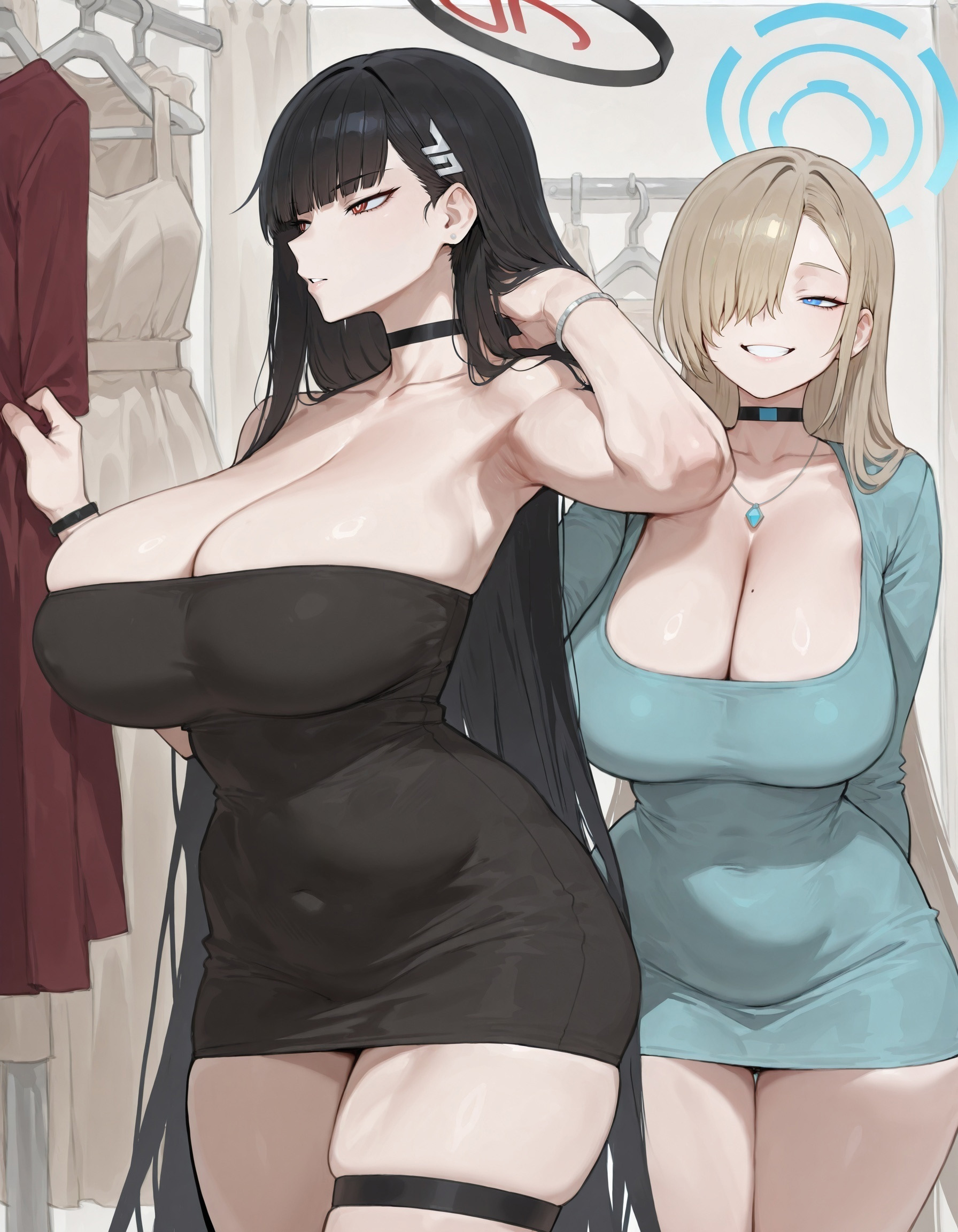 2girls, ai generated, armpits, asuna (blue archive), black hair, blonde hair, blue archive, blue eyes, bracelet, breasts, choker, cleavage, clothing, curvaceous, curvy, curvy figure, dress, female, female only, hair ornament, halo, huge breasts, jewelry, light skin, light-skinned female, long hair, mole, mole on breast, parted lips, red eyes, rio (blue archive), skindentation, smile, teeth, thick thighs, thigh strap, tsukatsuki rio, voluptuous, voluptuous female, wide hips