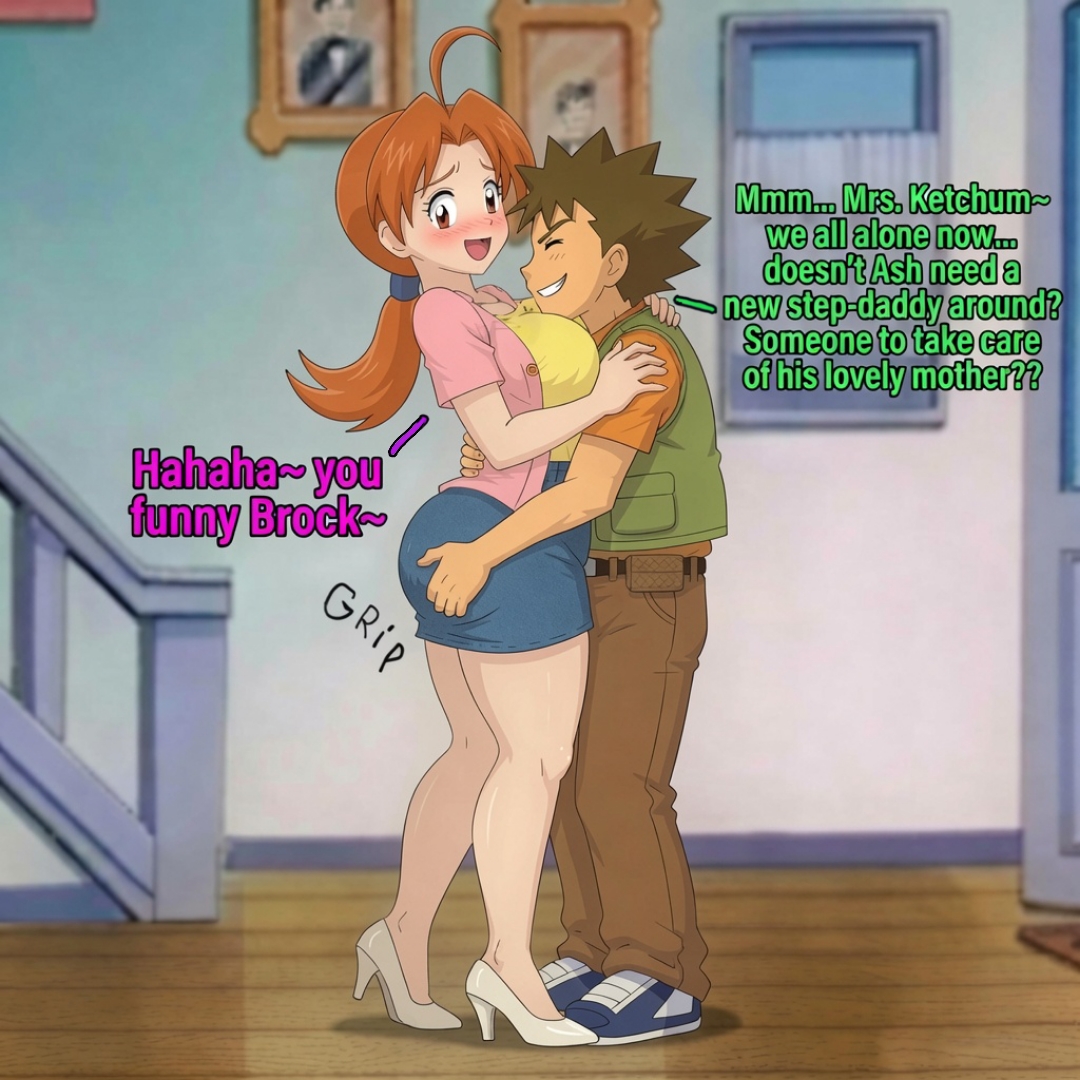 1boy, 1woman, adult and teenager, age difference, ai generated, ass grab, blackroga, brock (pokemon), cardigan, cheating, conversation, delia ketchum (pokemon), friends mother, grabbing ass, grope, groping, heels, high heels, horny male, indoors, light-skinned female, milf, motherly cuckold, pervert, pokemon, pokemon anime, skirt, tanned male, text, voluptuous, voluptuous female
