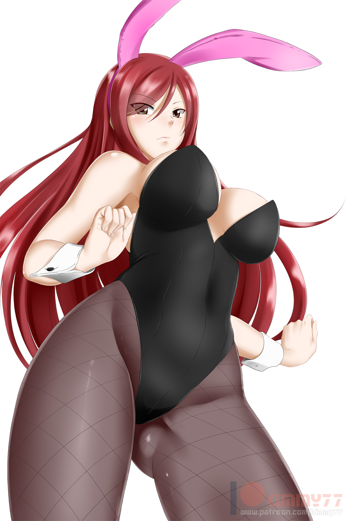 1girls, big breasts, breasts, bunny ears, bunny girl, cleavage, erza scarlet, fairy tail, female, female only, kimmy77, large breasts, looking at viewer, red hair, red-haired female, solo, white background